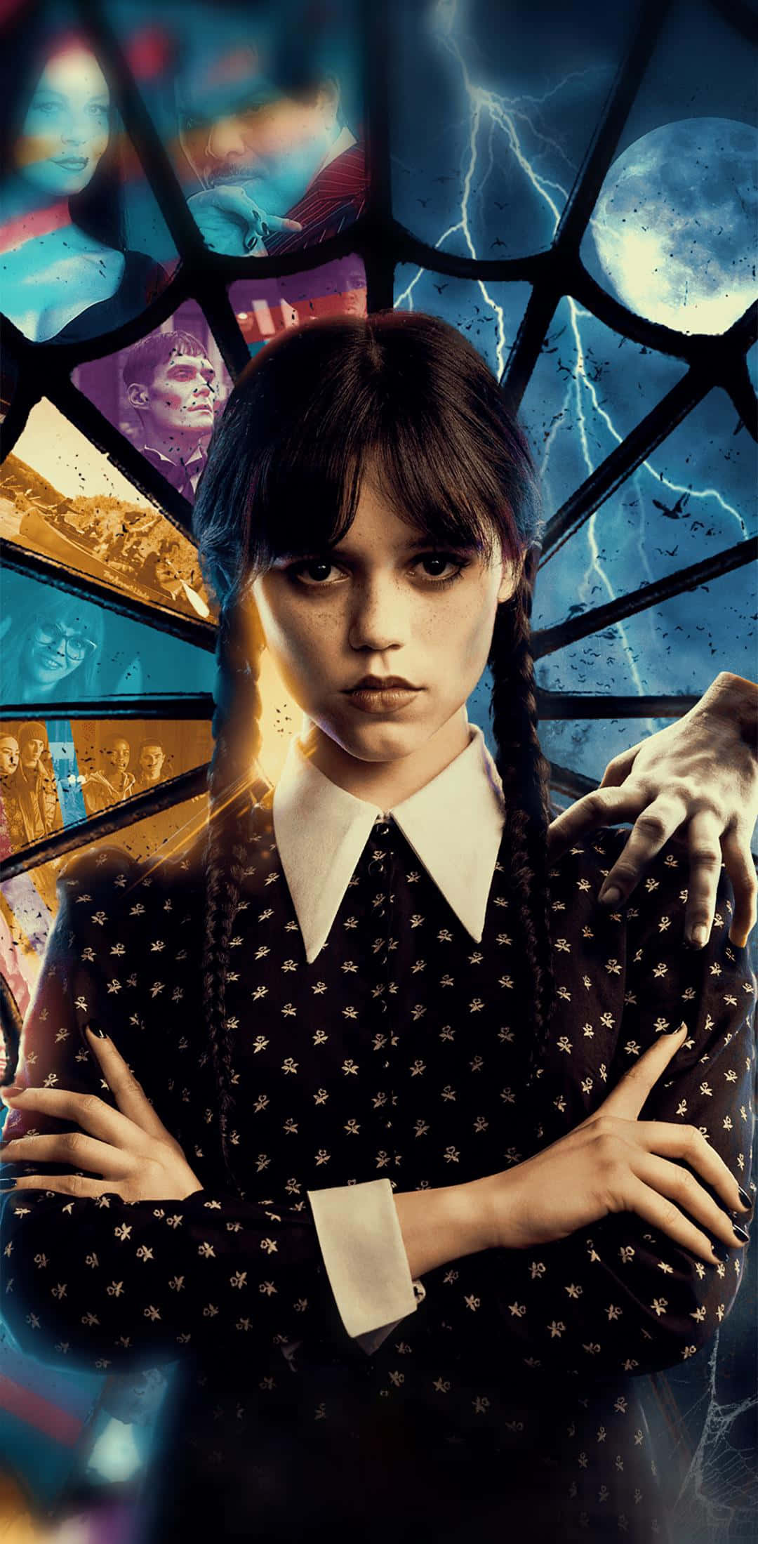 Wednesday Addams, stained glass backdrop, braided hair, Full HD Phone Wallpaper