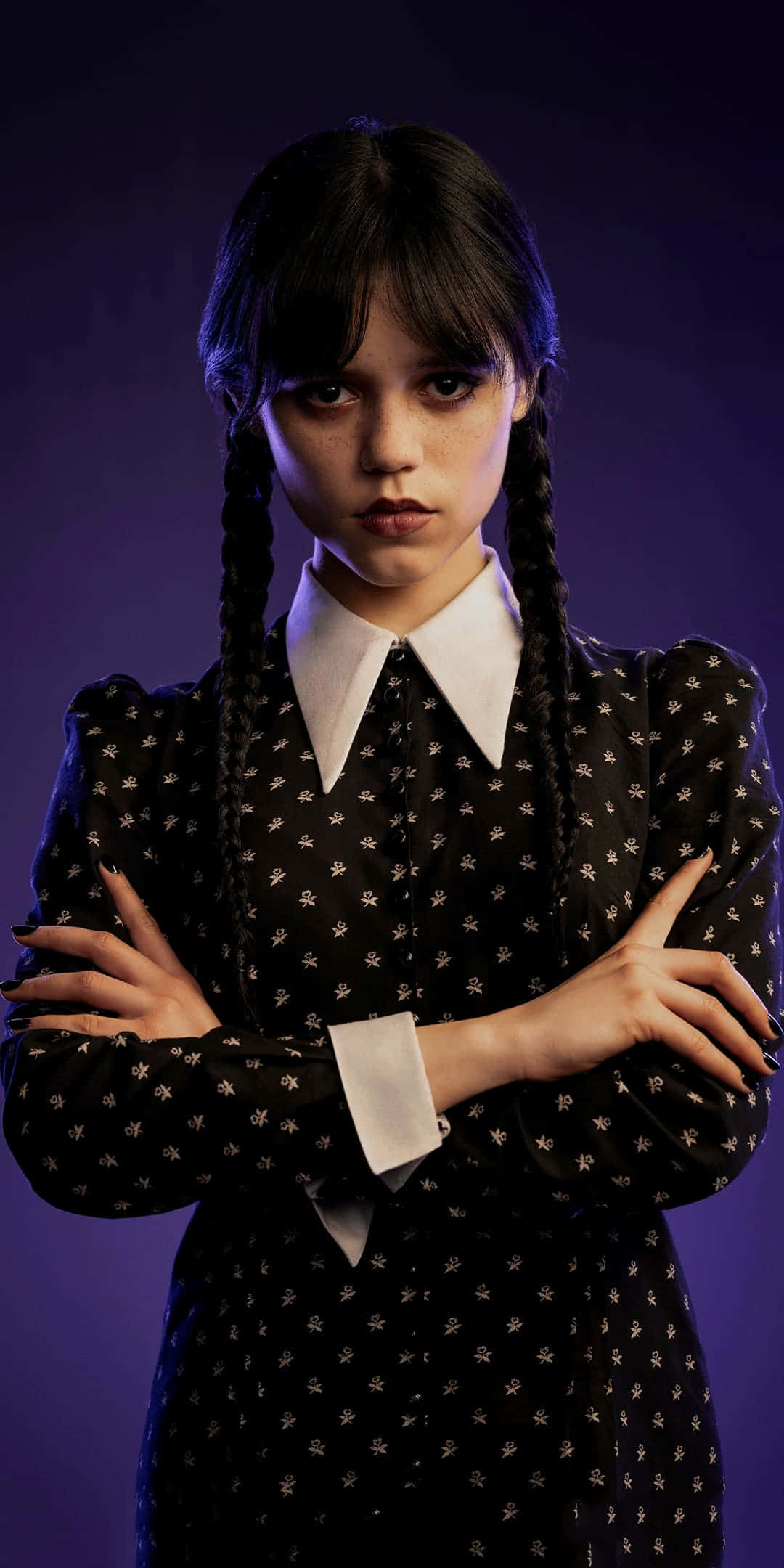 Wednesday Addams, purple backdrop, black floral dress, Full HD Phone Wallpaper