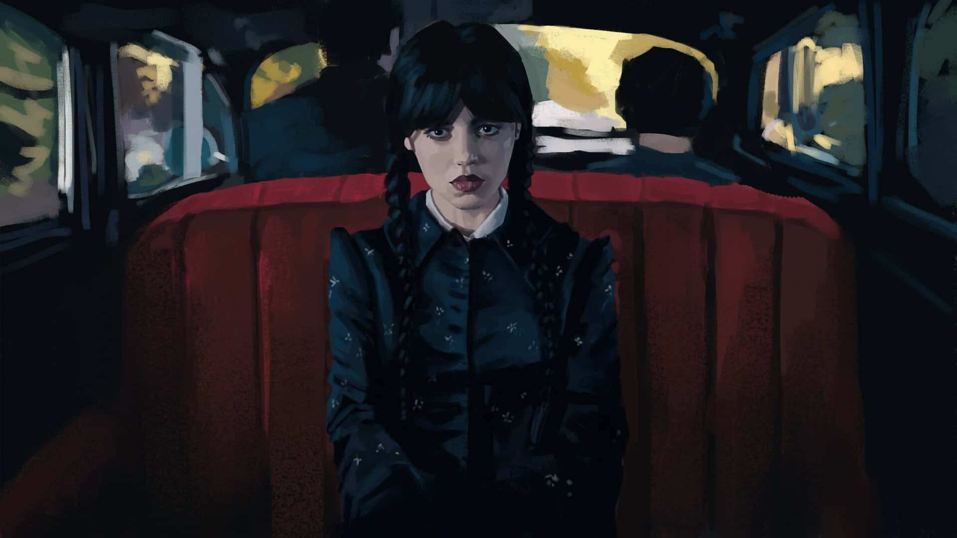 Wednesday Addams, red car seat, dark dress, Full HD Desktop Wallpaper