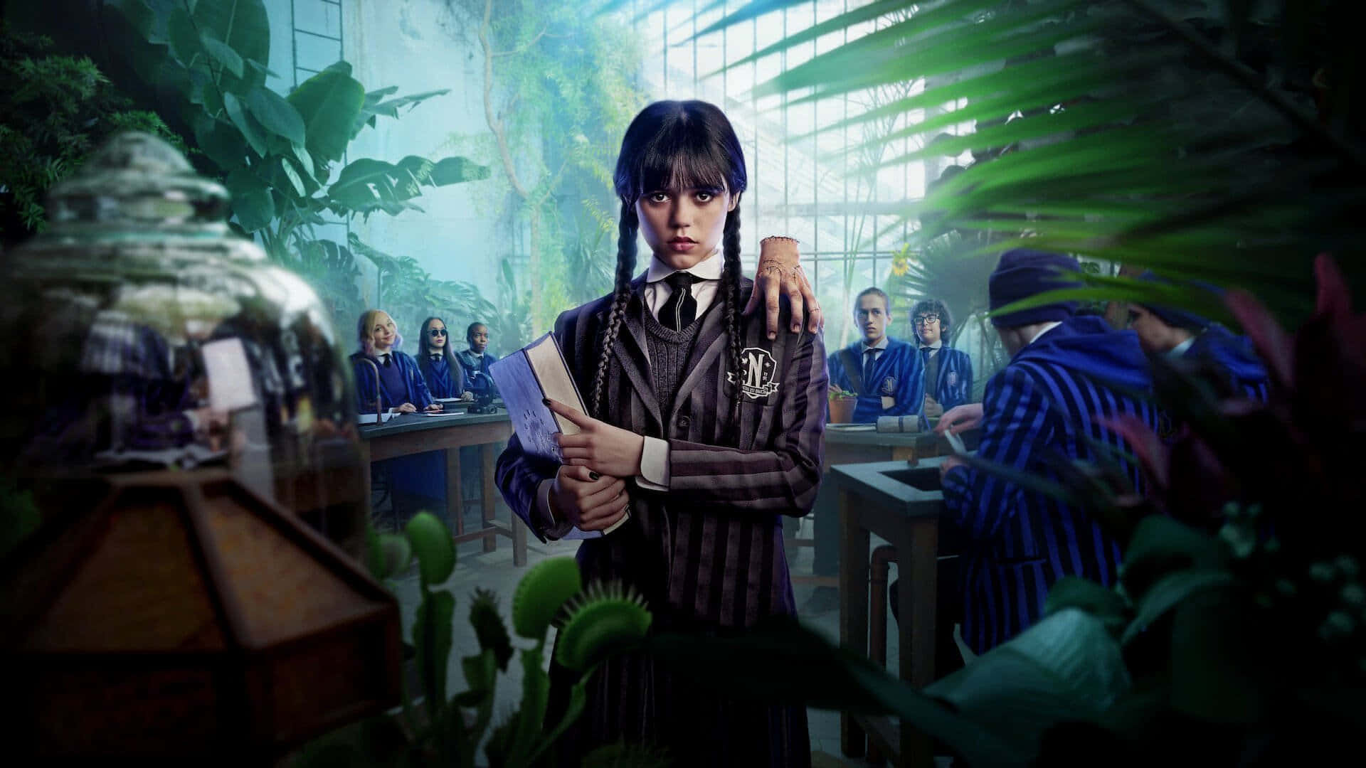 Wednesday Addams, striped uniform, lush greenhouse classroom, Full HD Desktop Wallpaper