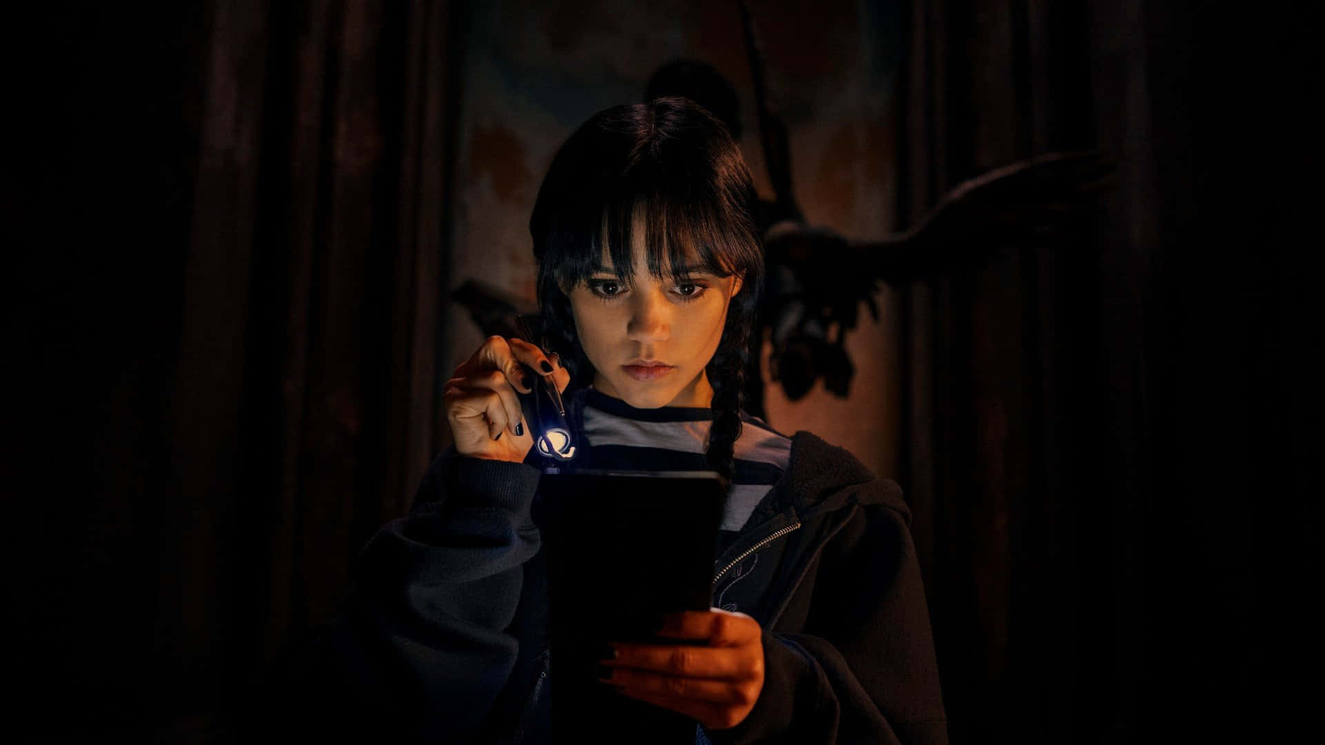 Wednesday Addams, scissors, phone, Full HD Desktop Wallpaper