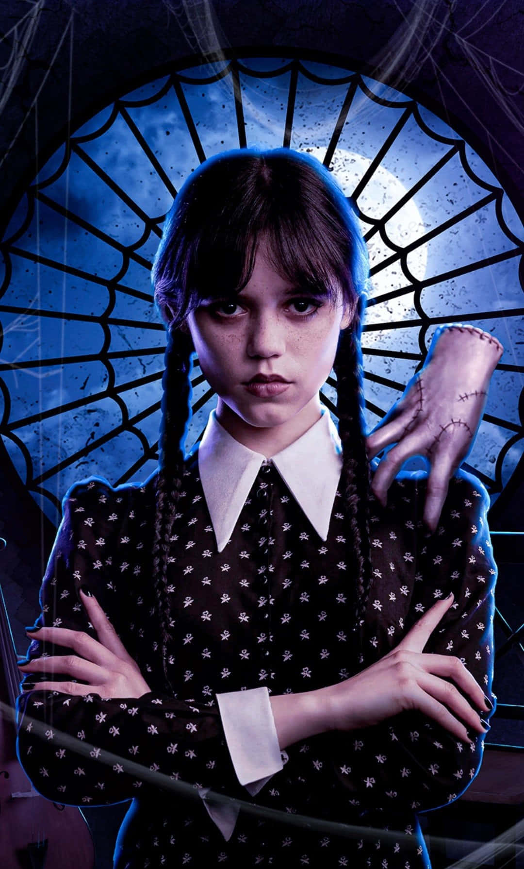 Wednesday Addams, stoic pose, spiderweb-framed window, HD Phone Wallpaper