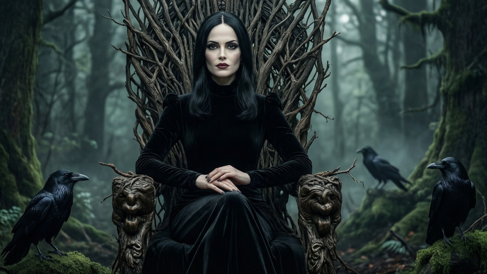Wednesday Addams, forest throne, black velvet, Full HD Desktop Wallpaper