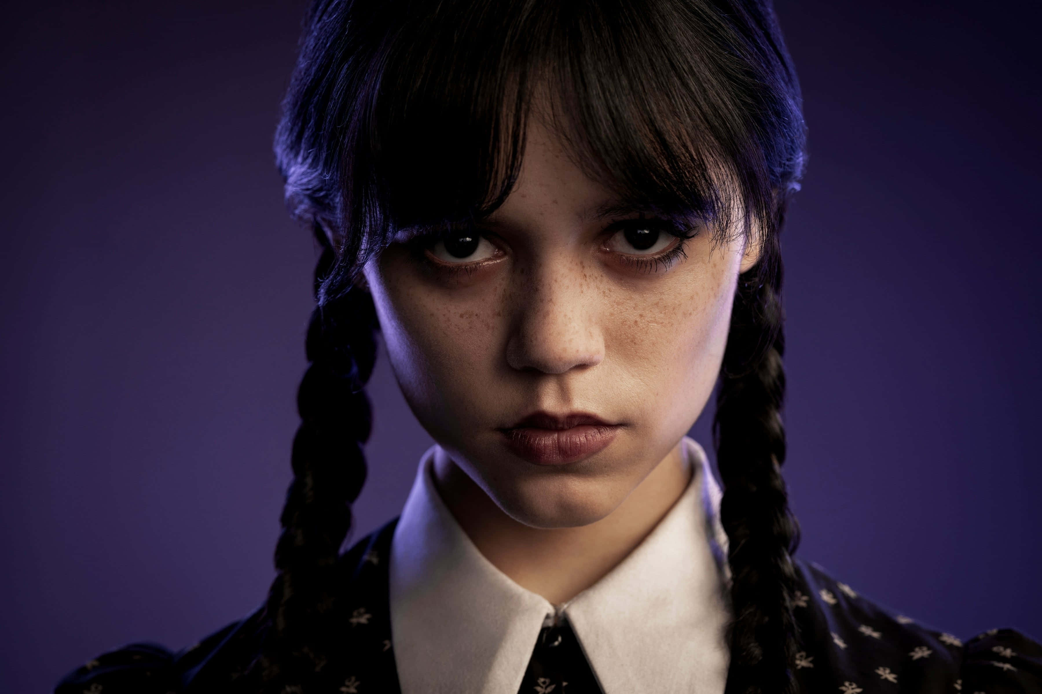 Wednesday Addams, dark braids, freckles, 2K Desktop Wallpaper