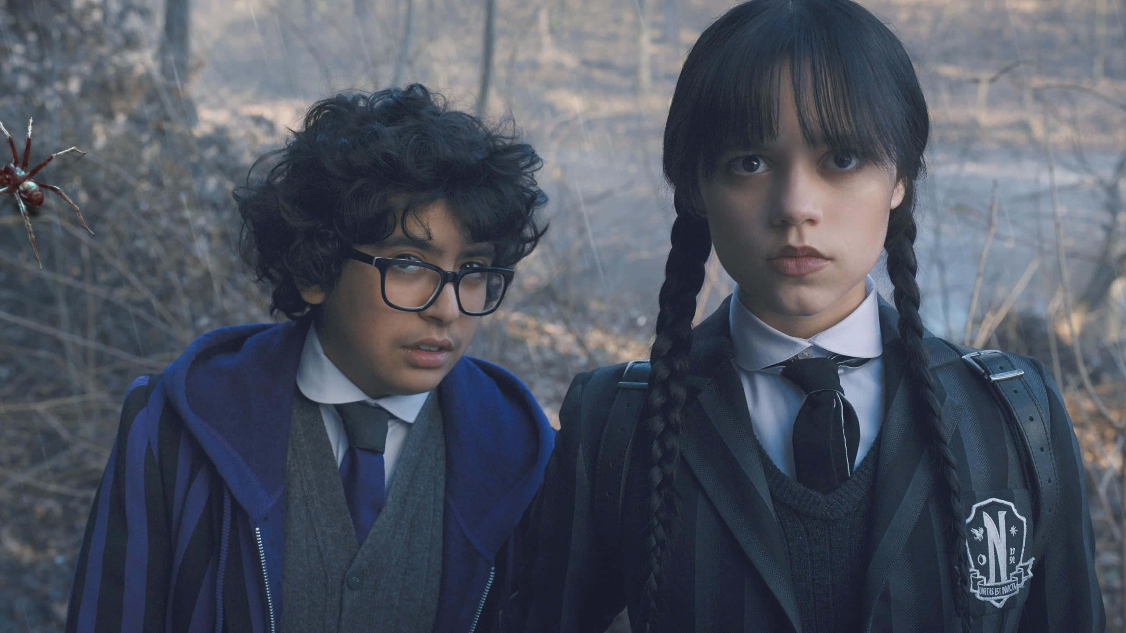 Wednesday Addams, school uniforms, winter forest, 4K Desktop Wallpaper