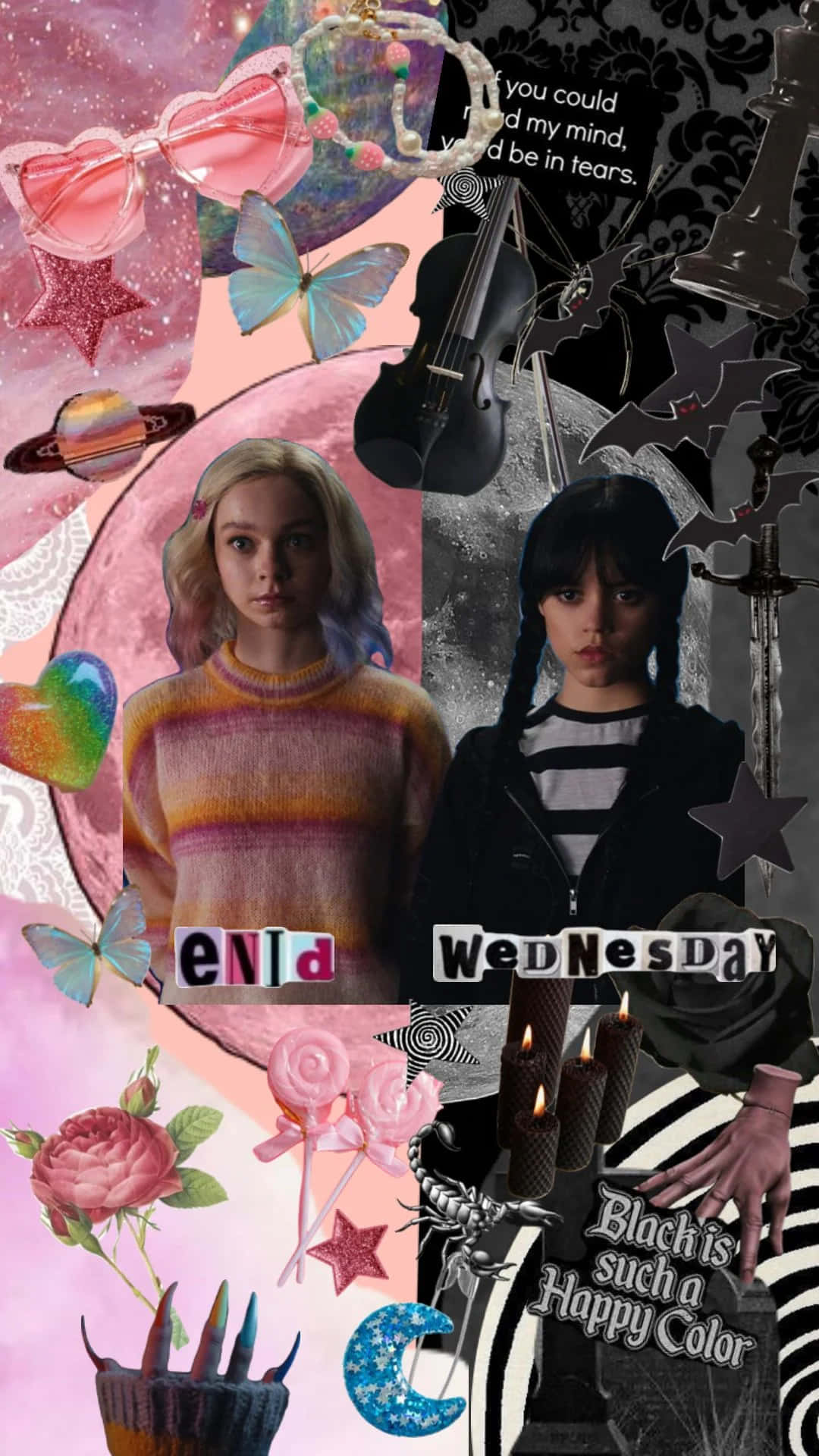 Wednesday And Enid, pink and black cosmic backdrop, butterflies, Full HD Phone Wallpaper