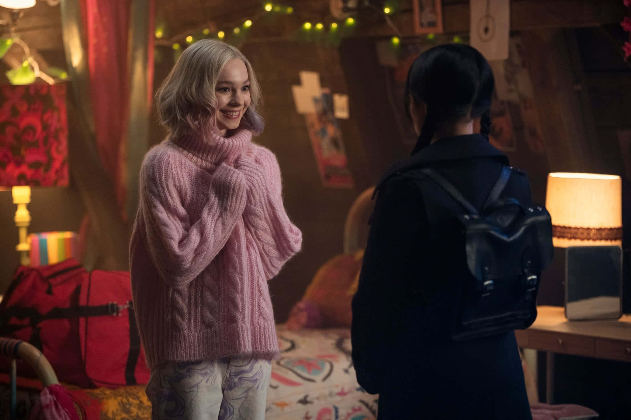 Wednesday And Enid, dorm room, pink cable-knit sweater, Full HD Desktop Wallpaper
