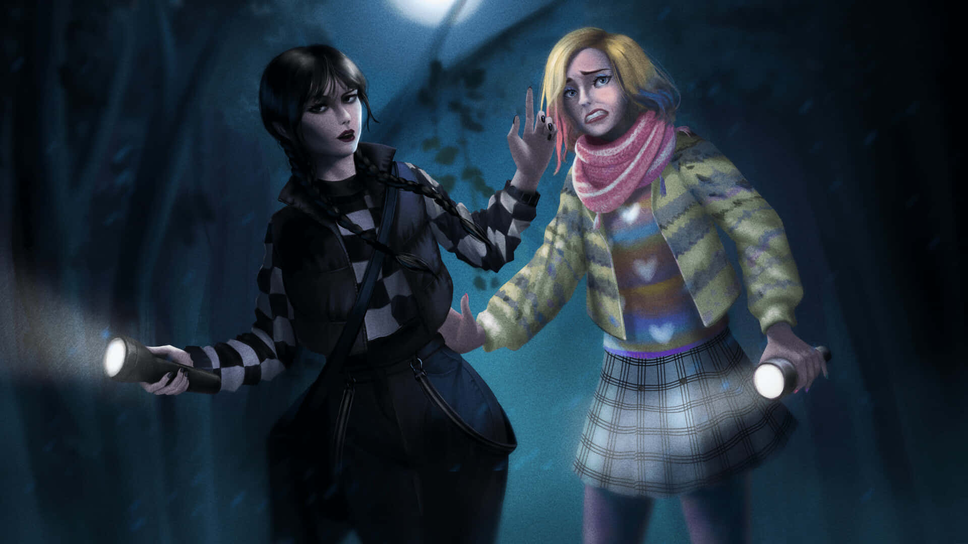 Wednesday And Enid, nighttime adventure, dark eerie forest, Full HD Desktop Wallpaper