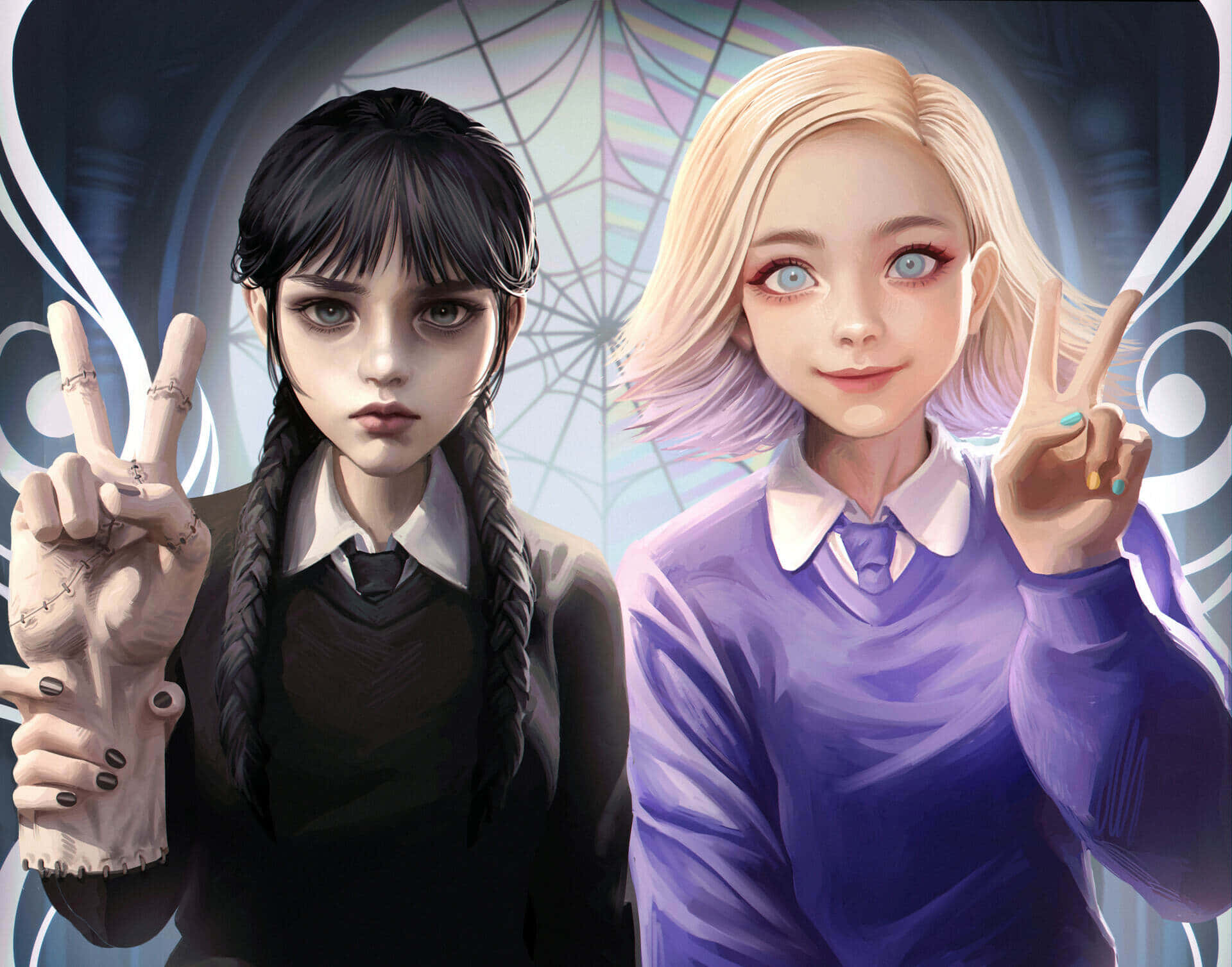 Wednesday And Enid, peace signs, school uniforms, Full HD Desktop Wallpaper