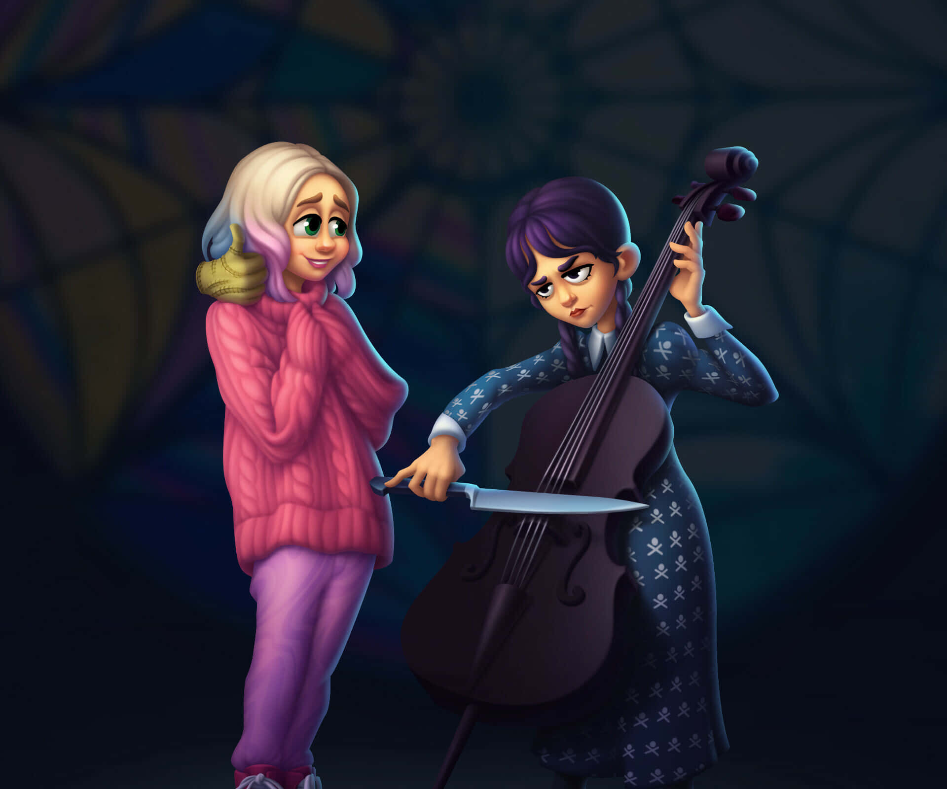 Wednesday And Enid, cello, pink sweater, Full HD Desktop Wallpaper