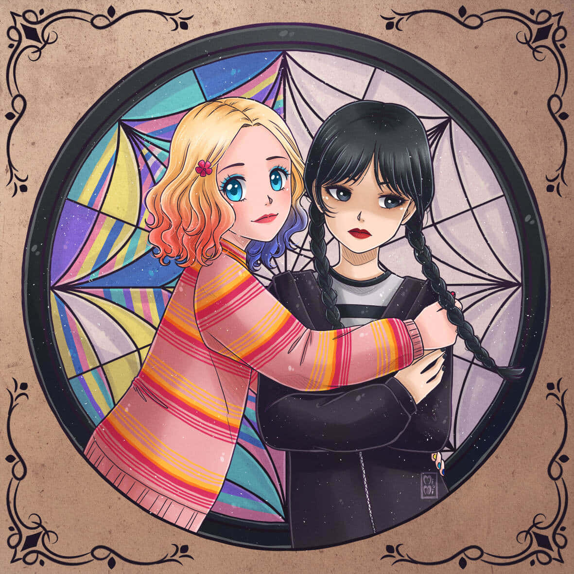Wednesday And Enid, stained glass circle, ornate scrollwork, SD Desktop Wallpaper