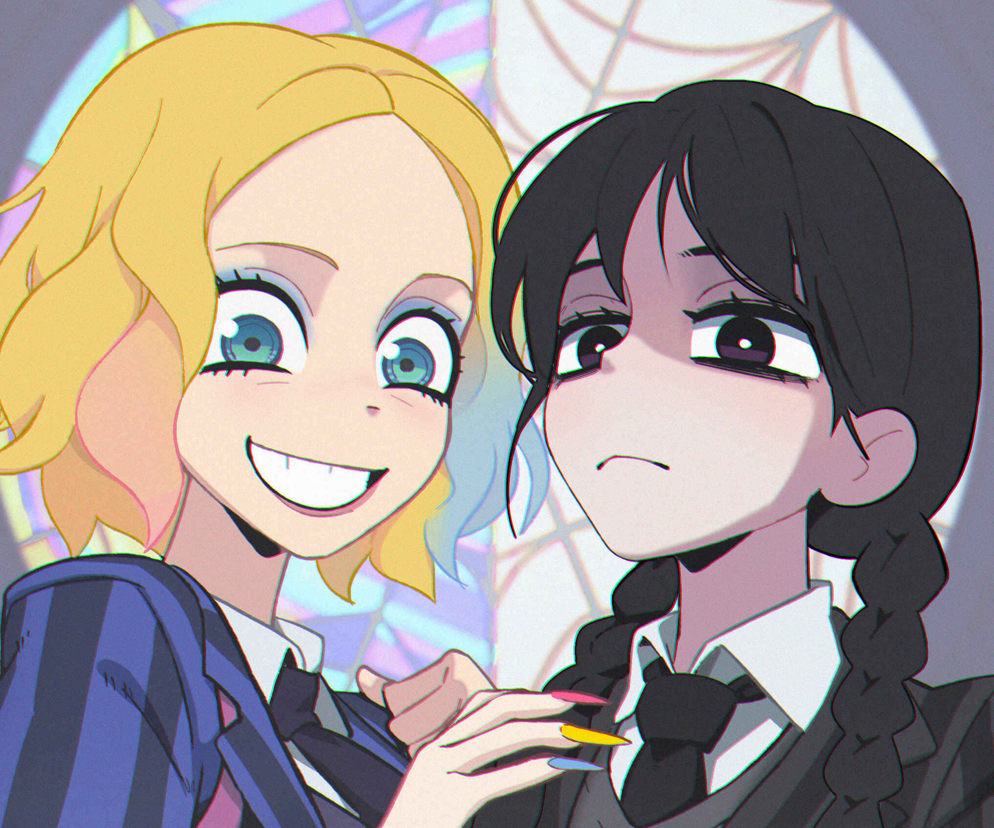 Wednesday And Enid, anime style, school uniforms, Full HD Desktop Wallpaper