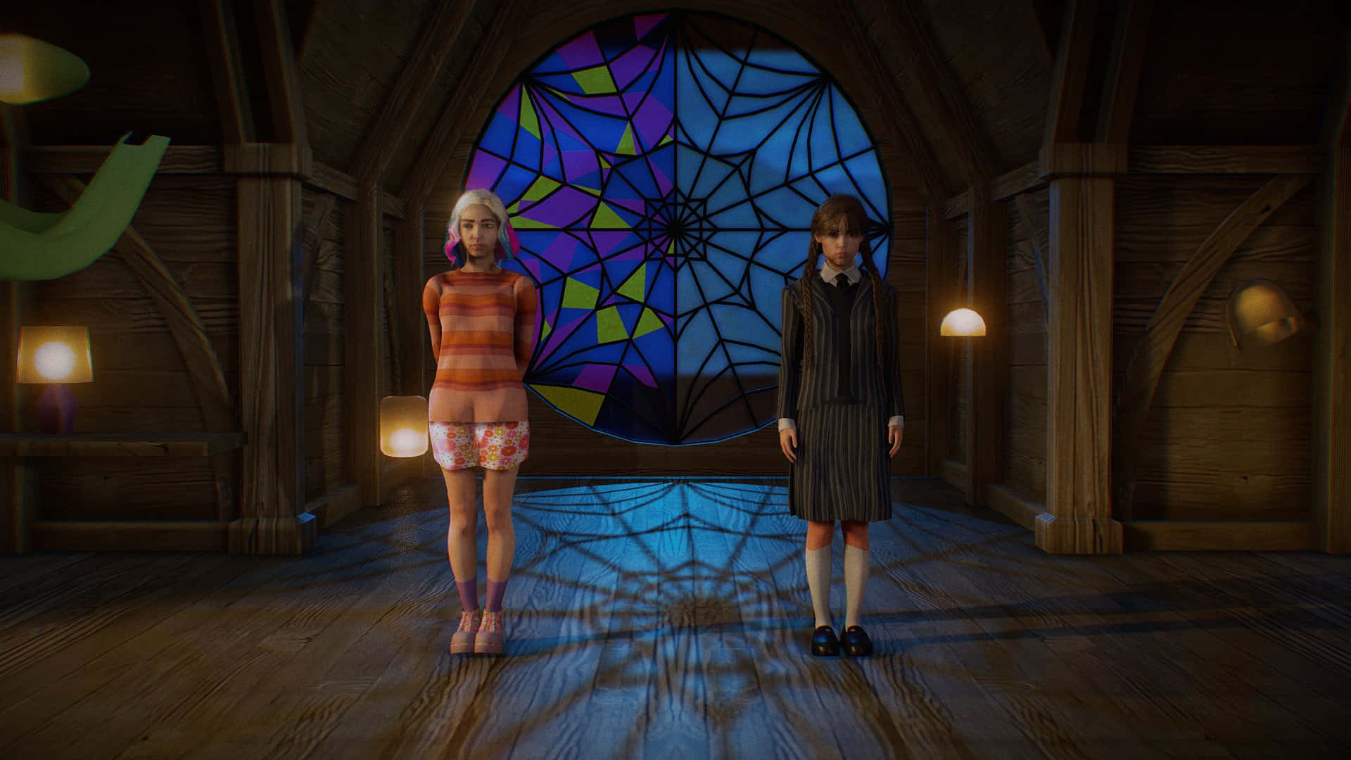 Wednesday And Enid, stained glass spiderweb window, blue light, Full HD Desktop Wallpaper