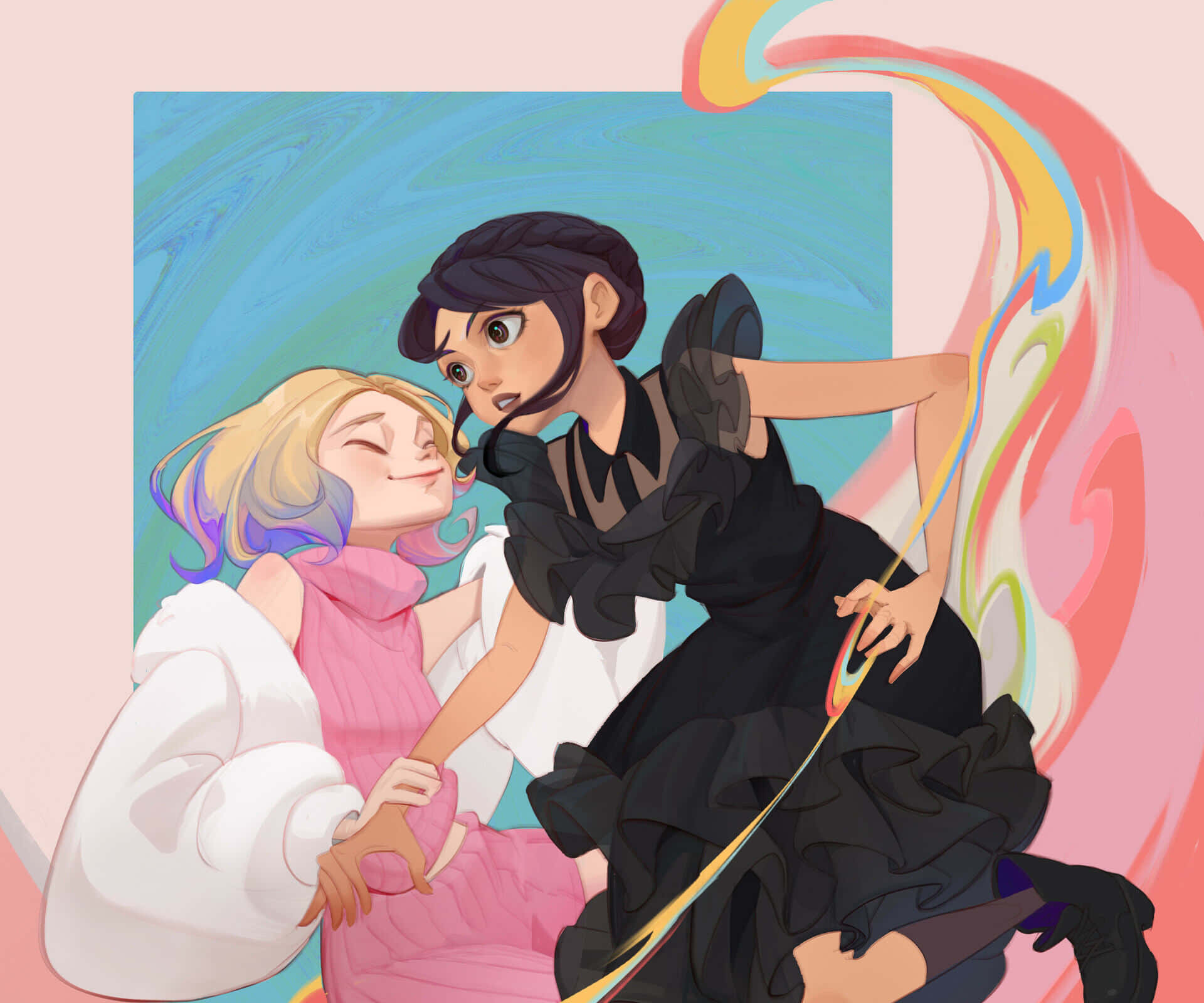 Wednesday And Enid, rainbow, teal, Full HD Desktop Wallpaper