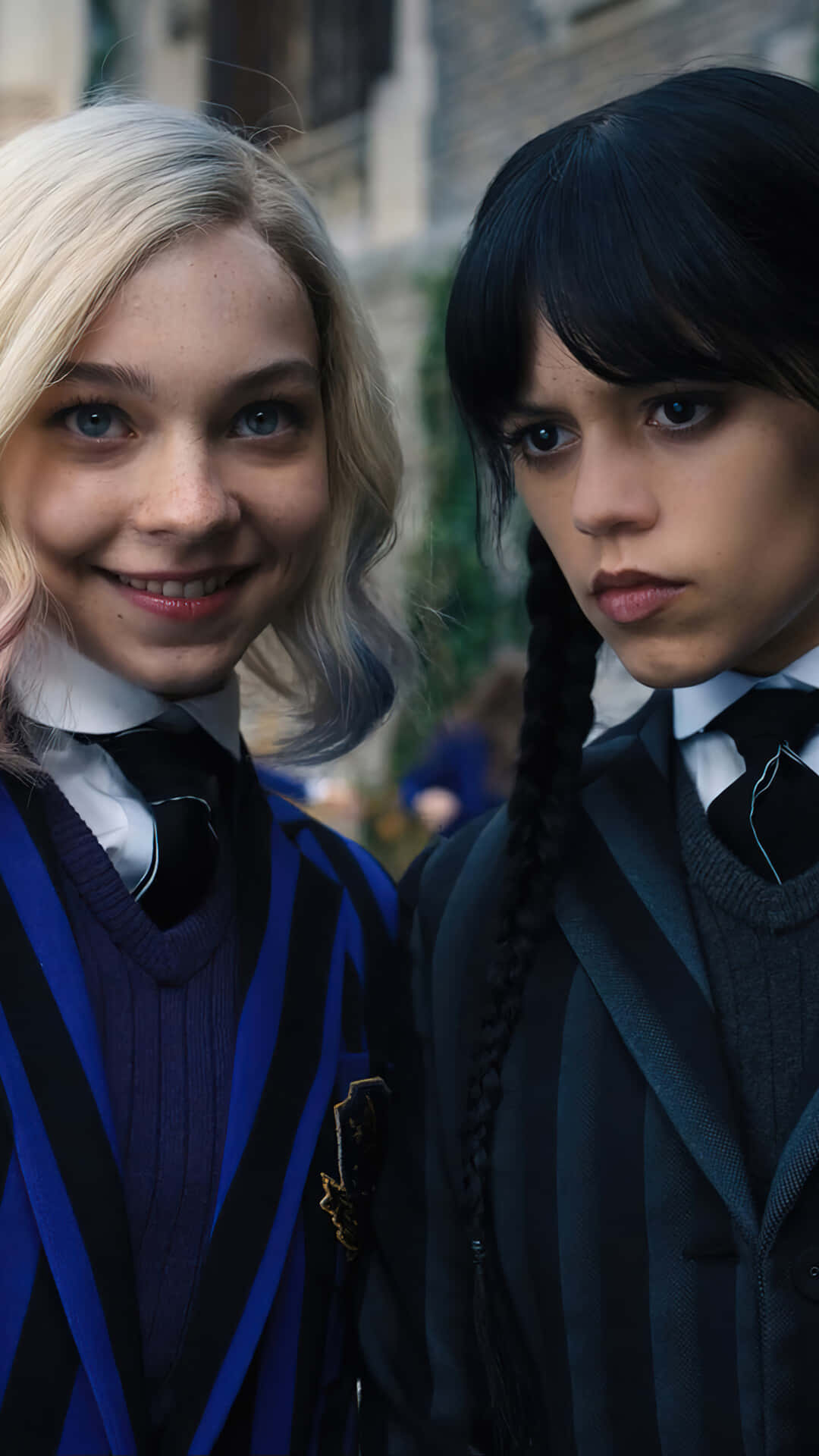 Wednesday And Enid, school uniforms, two young women, Full HD Phone Wallpaper
