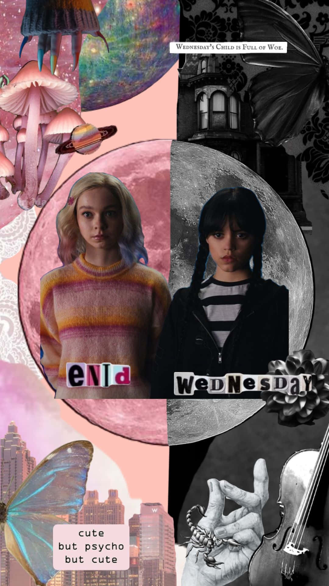 Wednesday And Enid, pink mushroom planets, gothic architecture, Full HD Phone Wallpaper