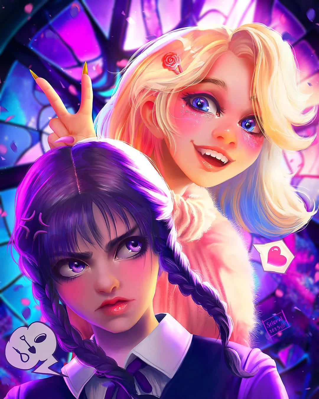 Wednesday And Enid, purple braids, stern gaze, HD Phone Wallpaper