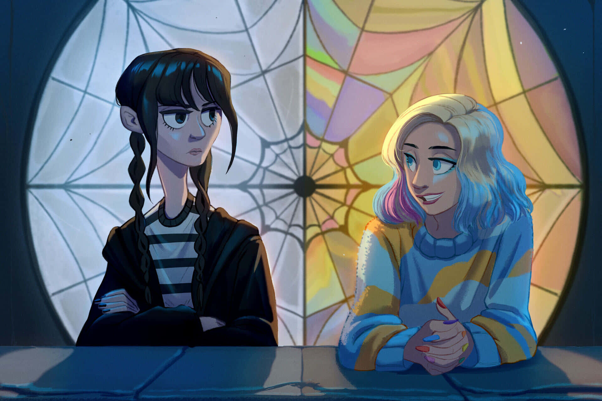 Wednesday And Enid, stained glass spiderweb window, anime girls, HD Desktop Wallpaper