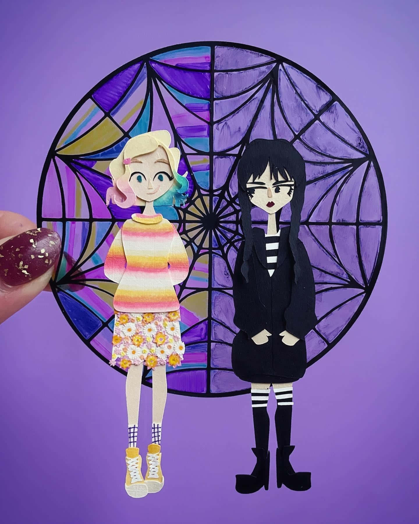 Wednesday and Enid, paper-cut anime dolls, stained glass spiderweb, HD Phone Wallpaper