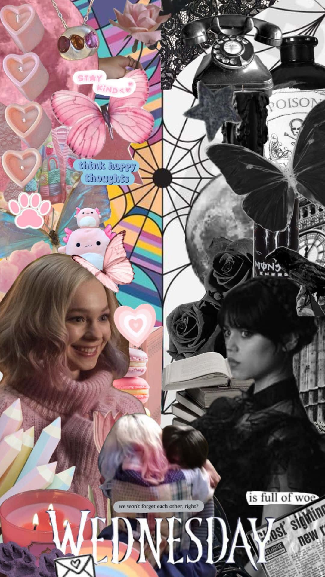 Wednesday And Enid, pink pastel whimsy, black and white gothic elements, Full HD Phone Wallpaper
