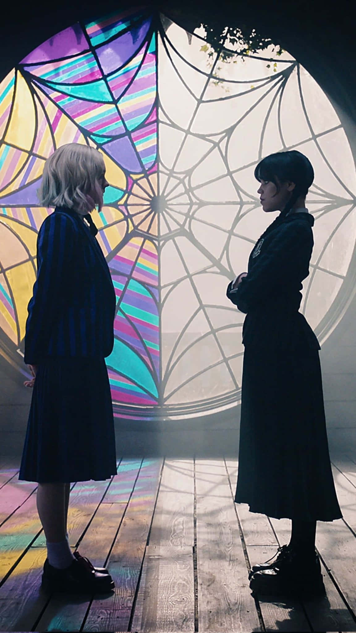 Wednesday And Enid, stained glass window, rainbow light, Full HD Phone Wallpaper