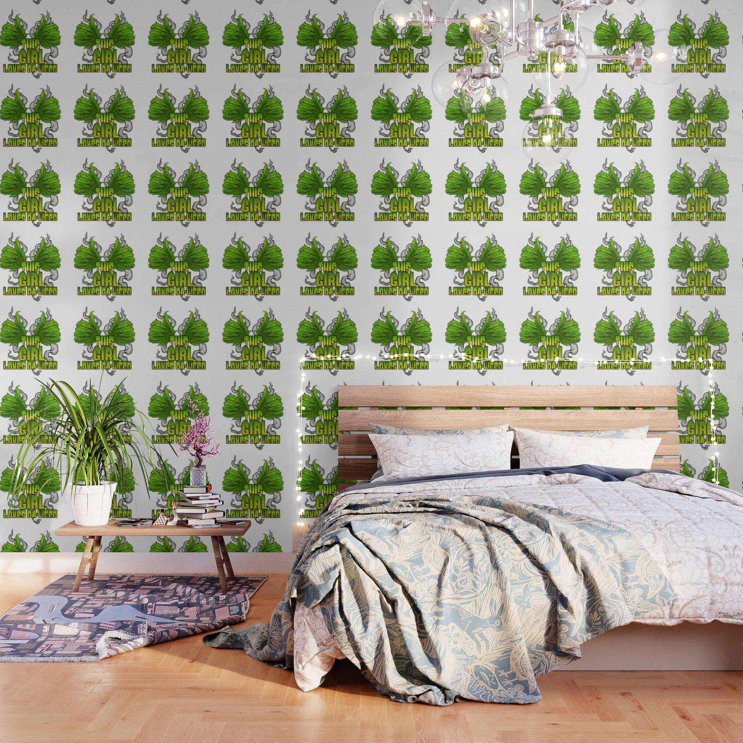 weed aesthetic, green dragon illustrations, wooden bed, HD Desktop Wallpaper