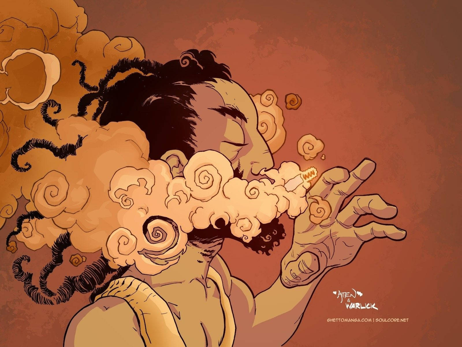 man smoking blunt, stylized illustrated figure, swirling smoke patterns, HD Desktop Wallpaper
