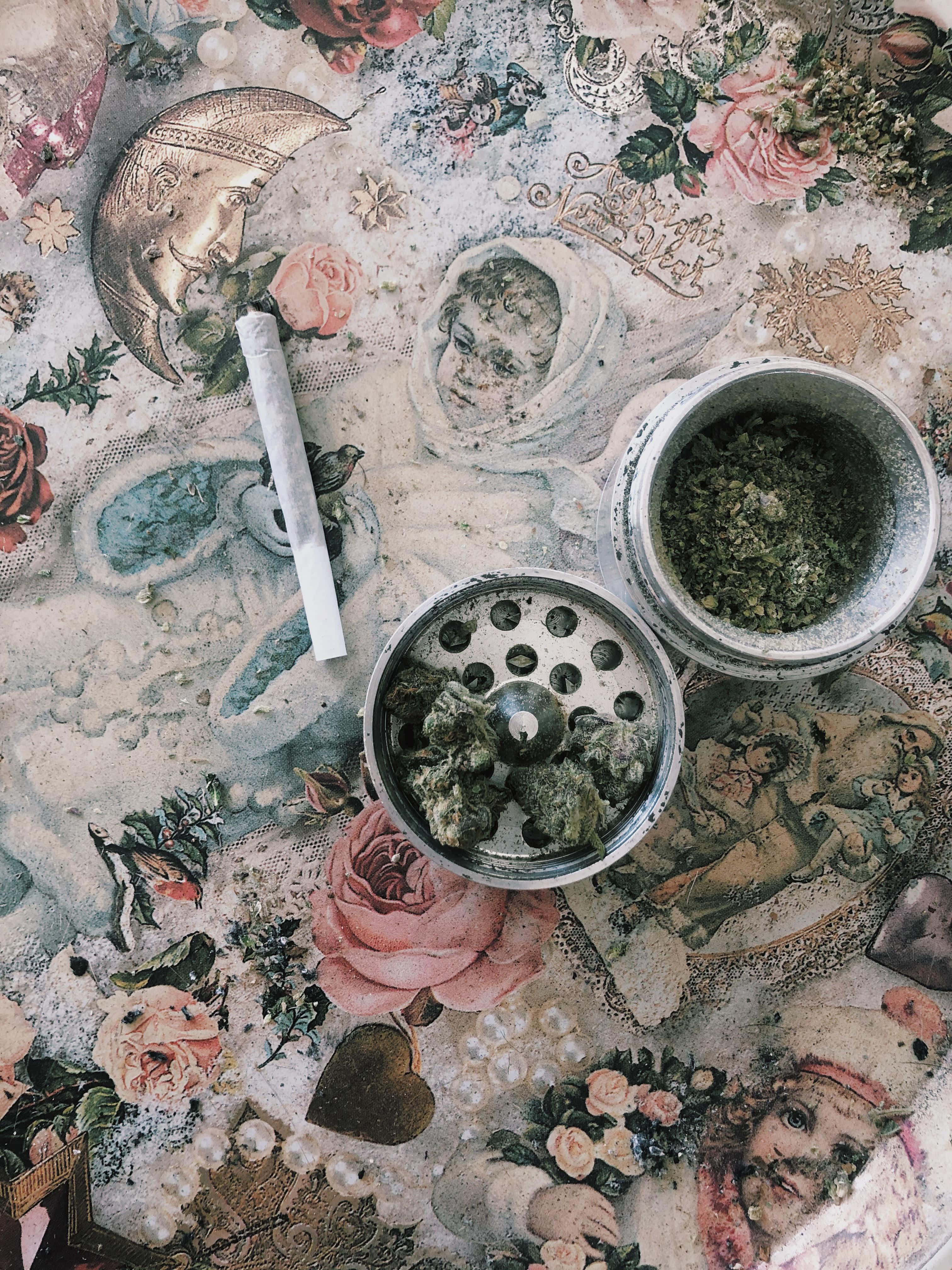 Weed Blunt, vintage ornate tablecloth, roses, 4K Phone Wallpaper