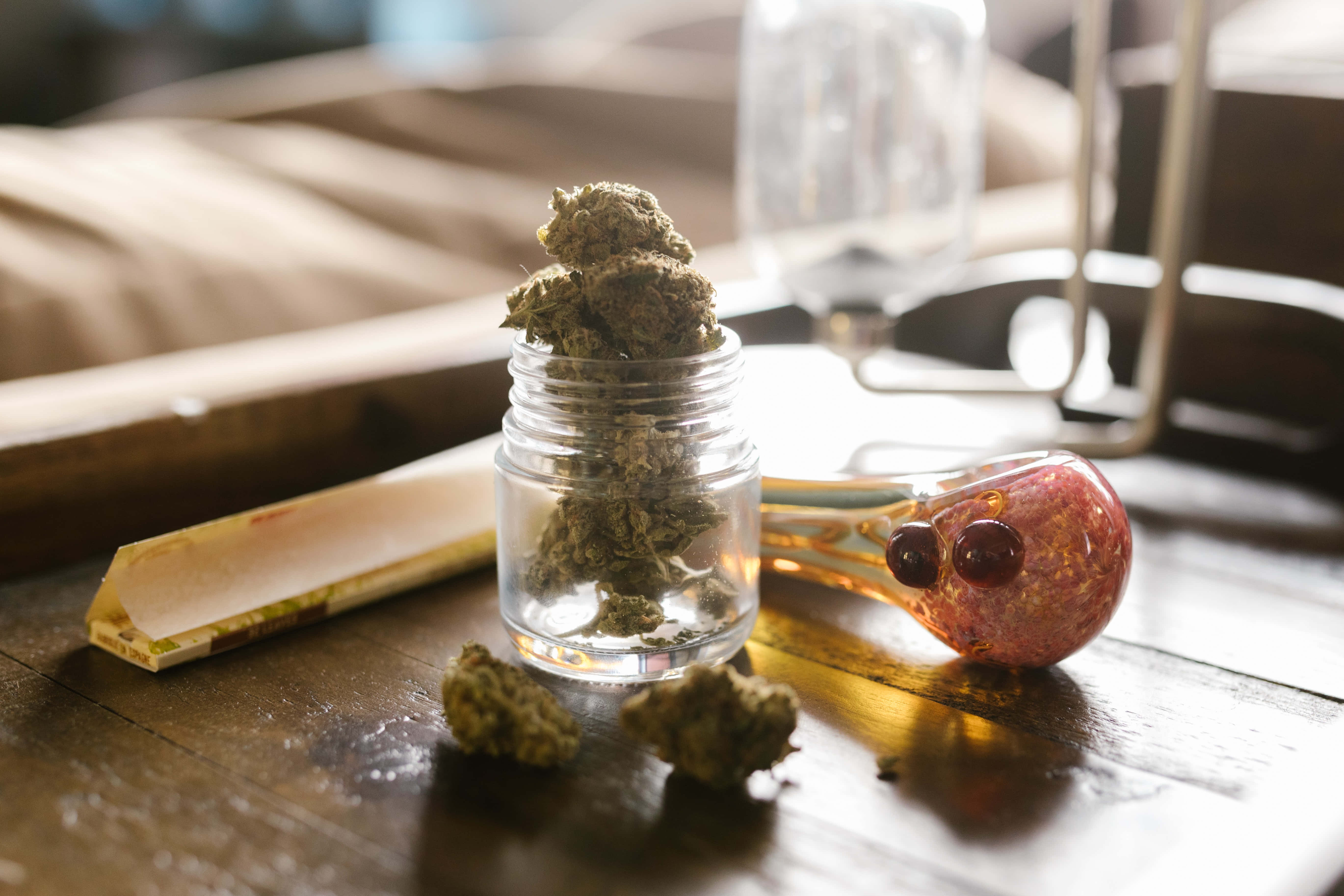 Weed Blunt, glass jar, green cannabis buds, 5K Desktop Wallpaper