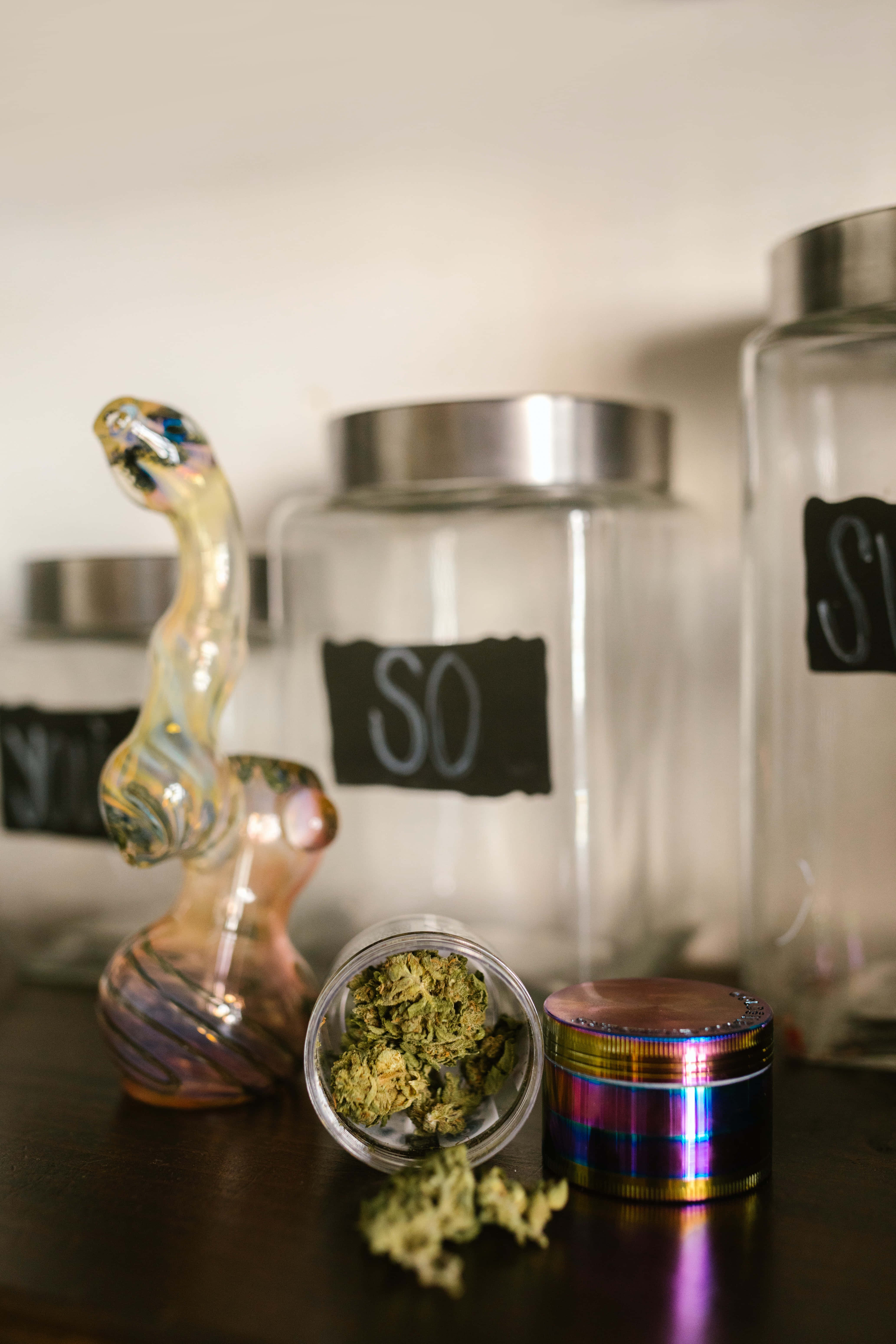 cannabis buds, jar, colorful grinder, 5K Phone Wallpaper