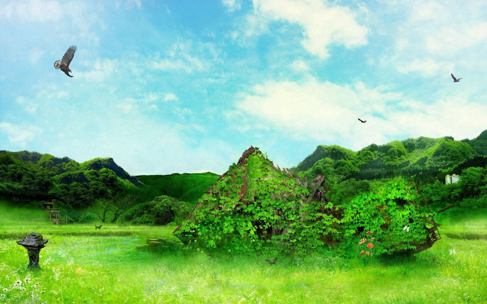 Weeds Growing on Stone, vibrant green landscape, rolling hills, HD Desktop Wallpaper