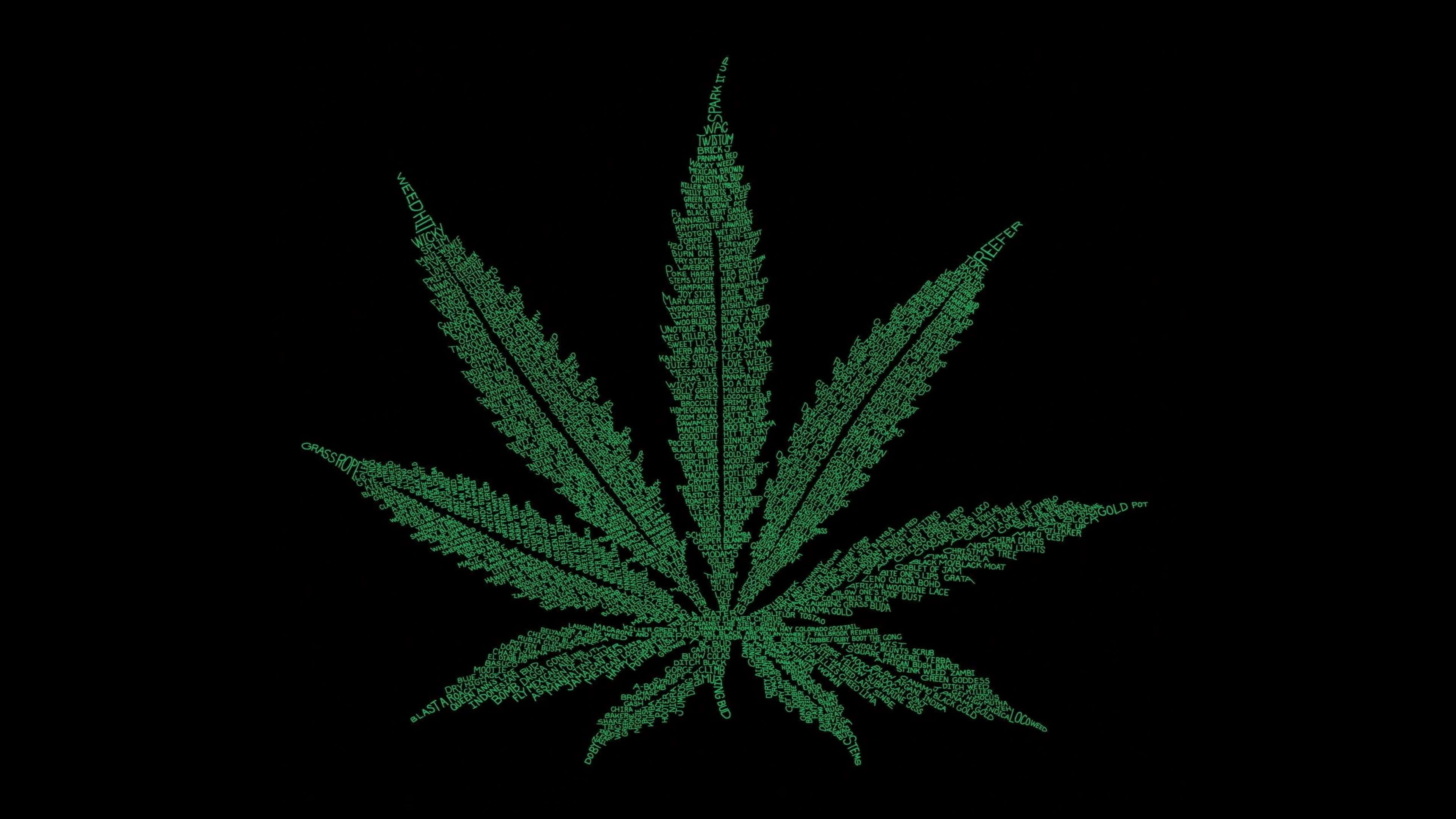 4K Marijuana Icon, cannabis leaf, green text letters, 4K Desktop Wallpaper