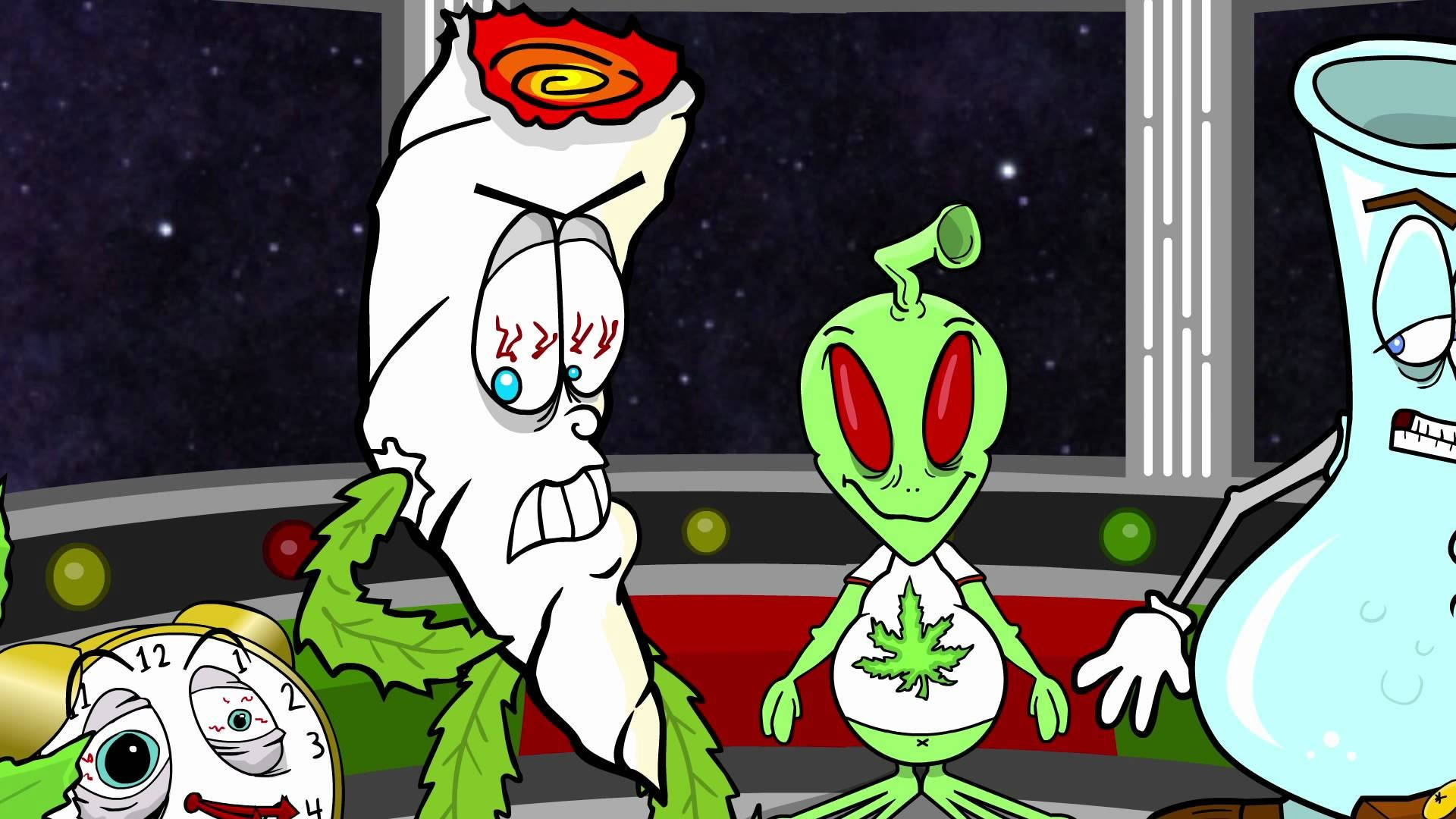 Cartoon aliens, marijuana leaf symbols, spaceship, Full HD Desktop Wallpaper