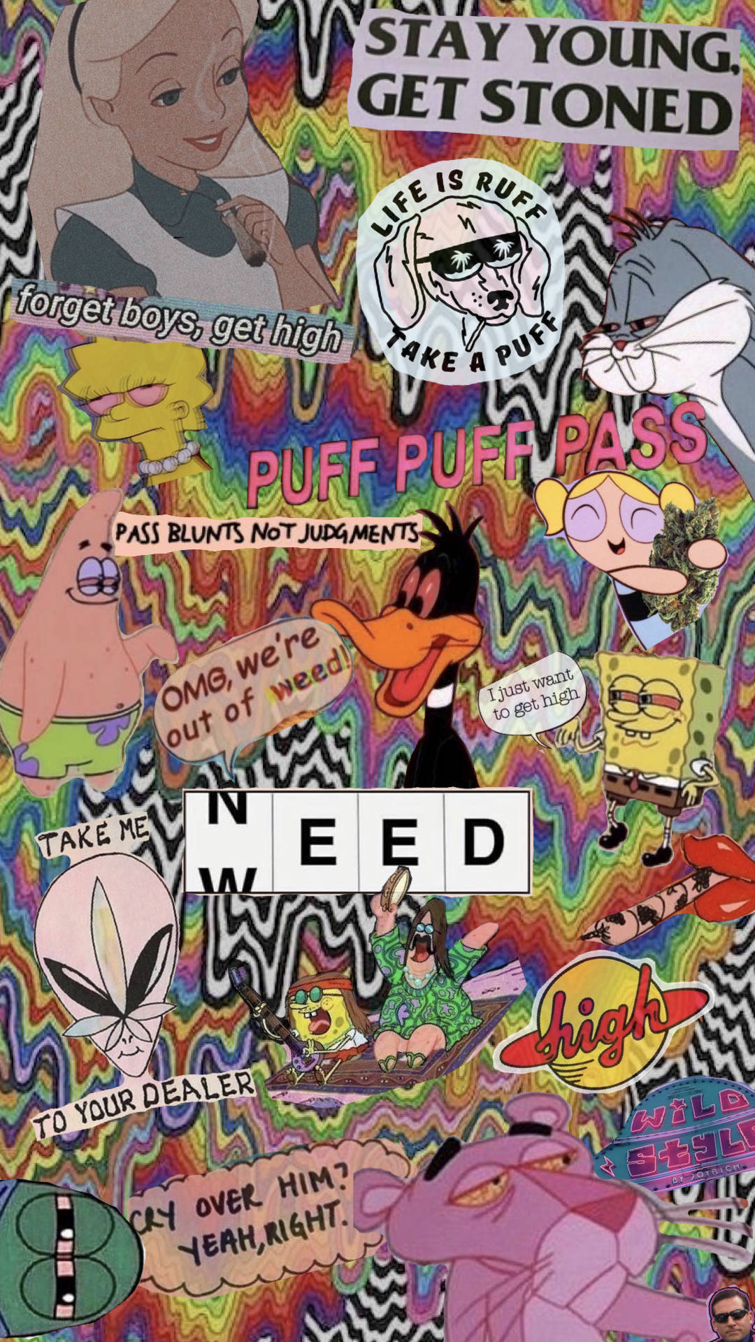 Weed Aesthetic, psychedelic collage, cartoon characters, Full HD Phone Wallpaper