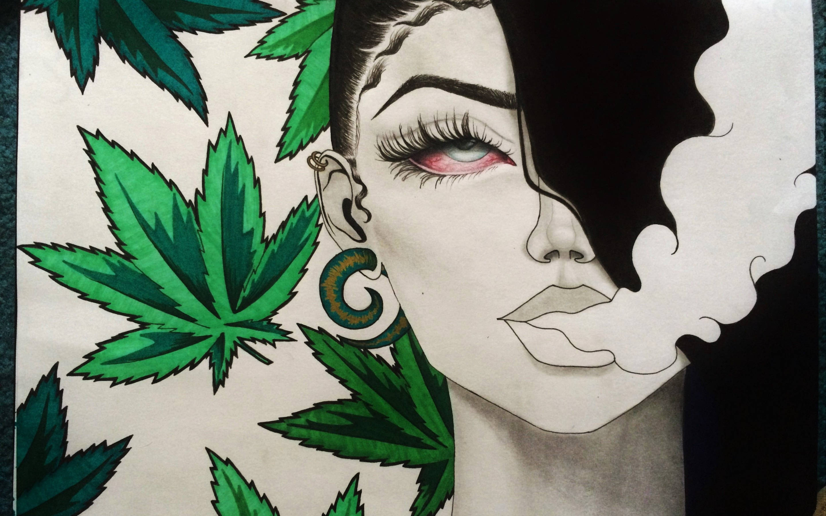 Smoking Weed Digital Art, woman's face, vibrant green cannabis leaves, 2K Desktop Wallpaper