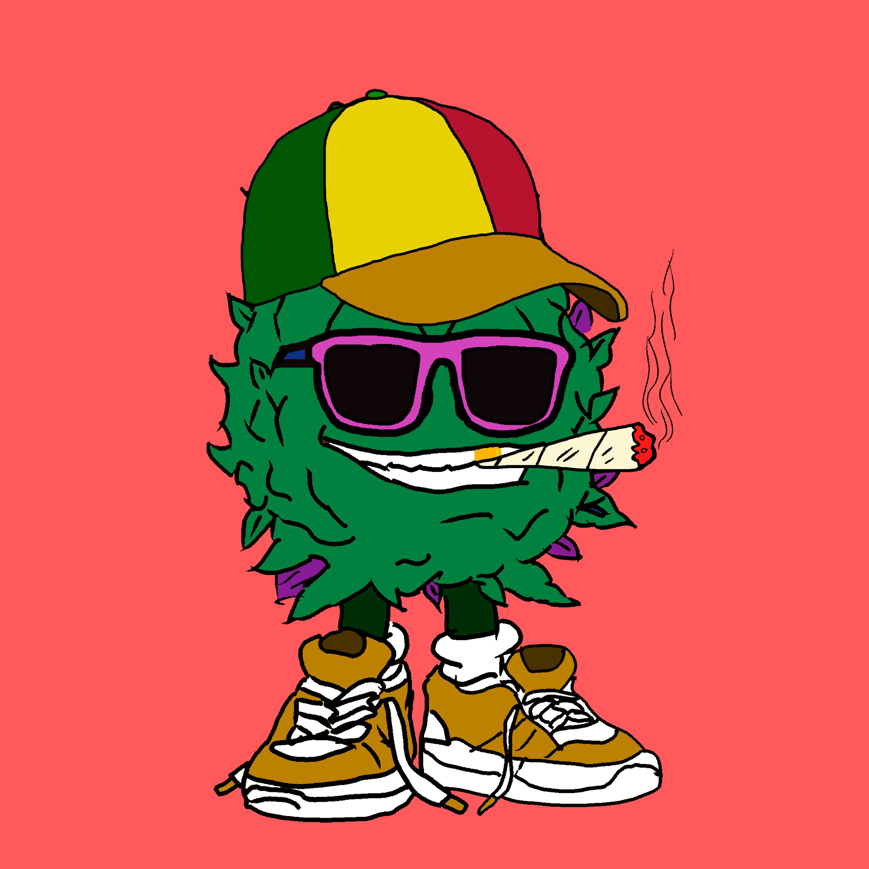 cartoon cannabis plant character, rainbow cap, purple sunglasses, 2K Desktop Wallpaper