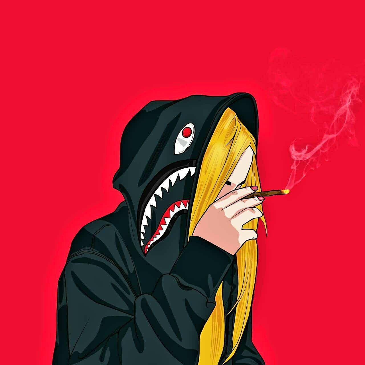 cartoon weed, blonde anime girl, shark-mouth hoodie, HD Desktop Wallpaper
