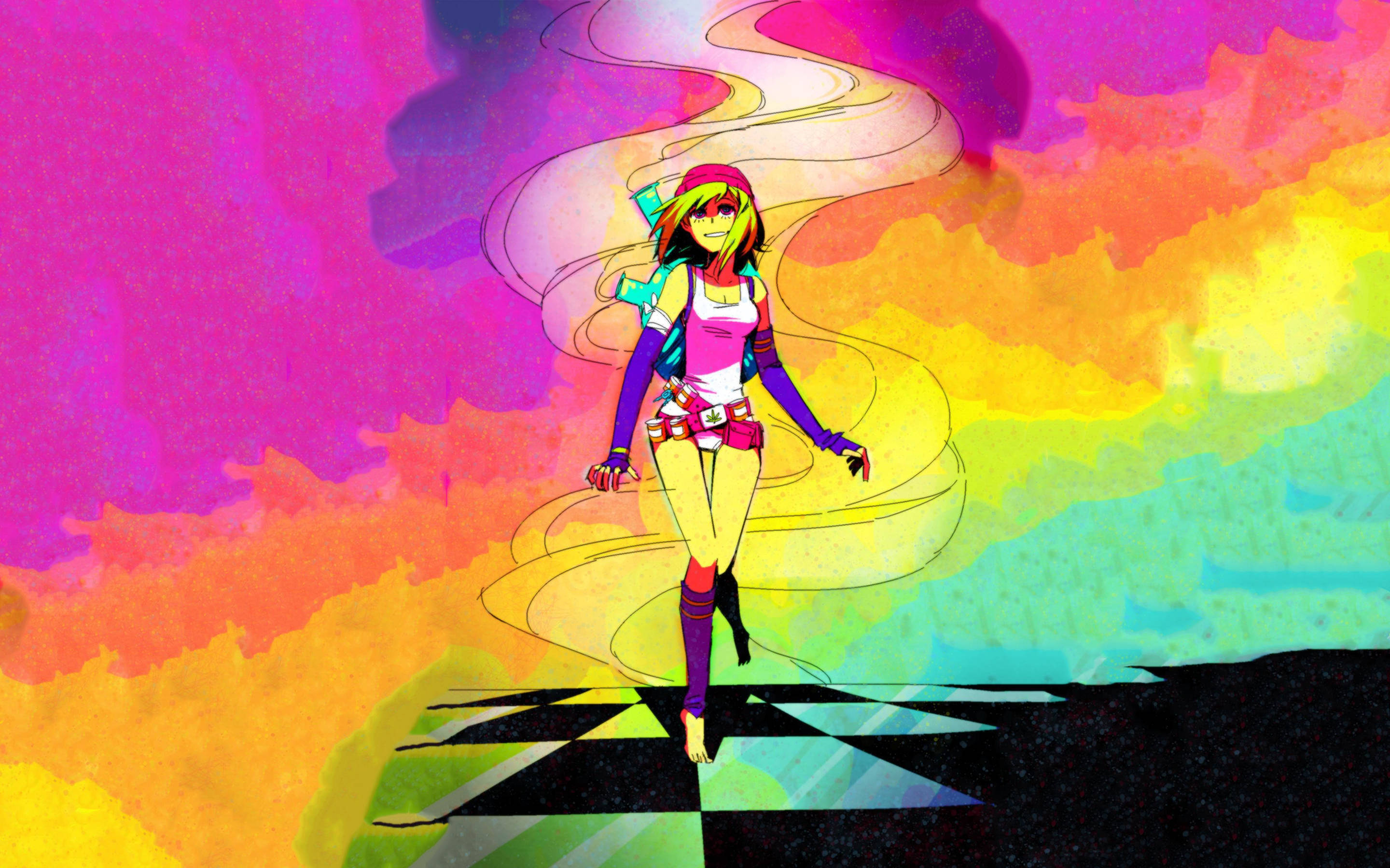420 cartoon girl, rainbow-hued checkered path, psychedelic sky, 2K Desktop Wallpaper
