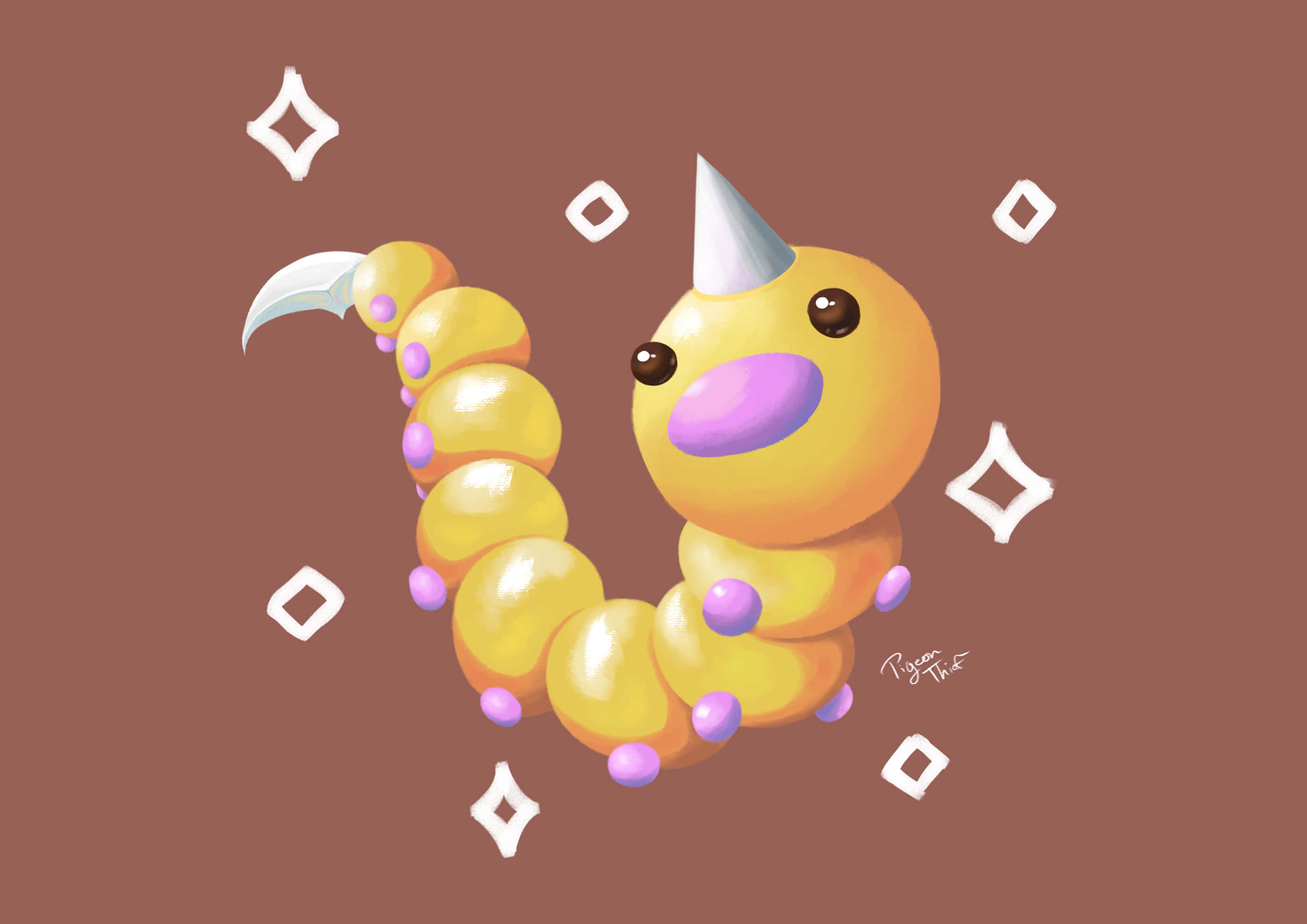 Weedle, yellow segmented caterpillar, silver horn, 2K Desktop Wallpaper