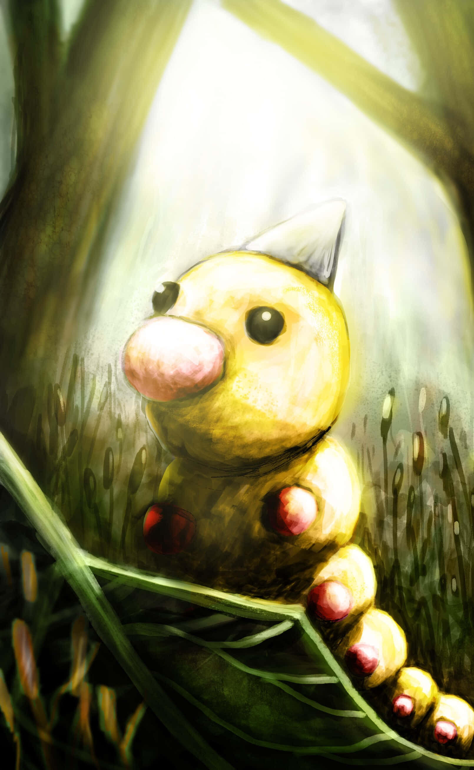 Weedle, yellow caterpillar, red spots, 2K Phone Wallpaper