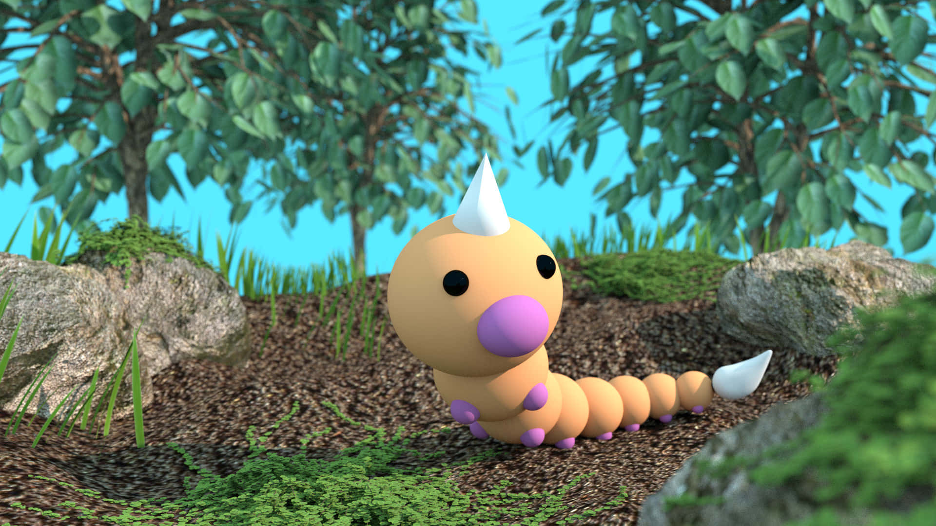 Weedle, green forest, mossy ground, Full HD Desktop Wallpaper