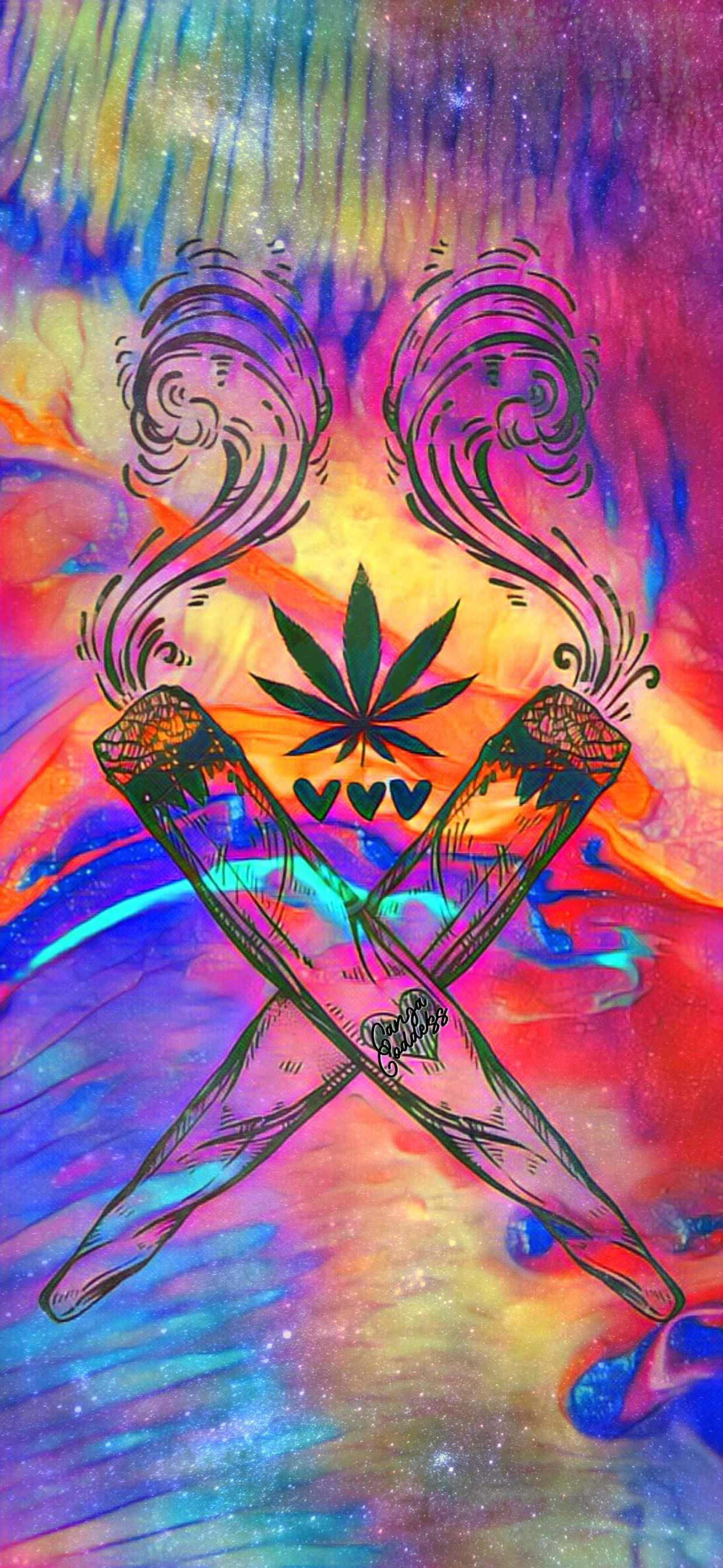 cannabis joints, swirling smoke, vibrant cosmic tie-dye background, 2K Phone Wallpaper