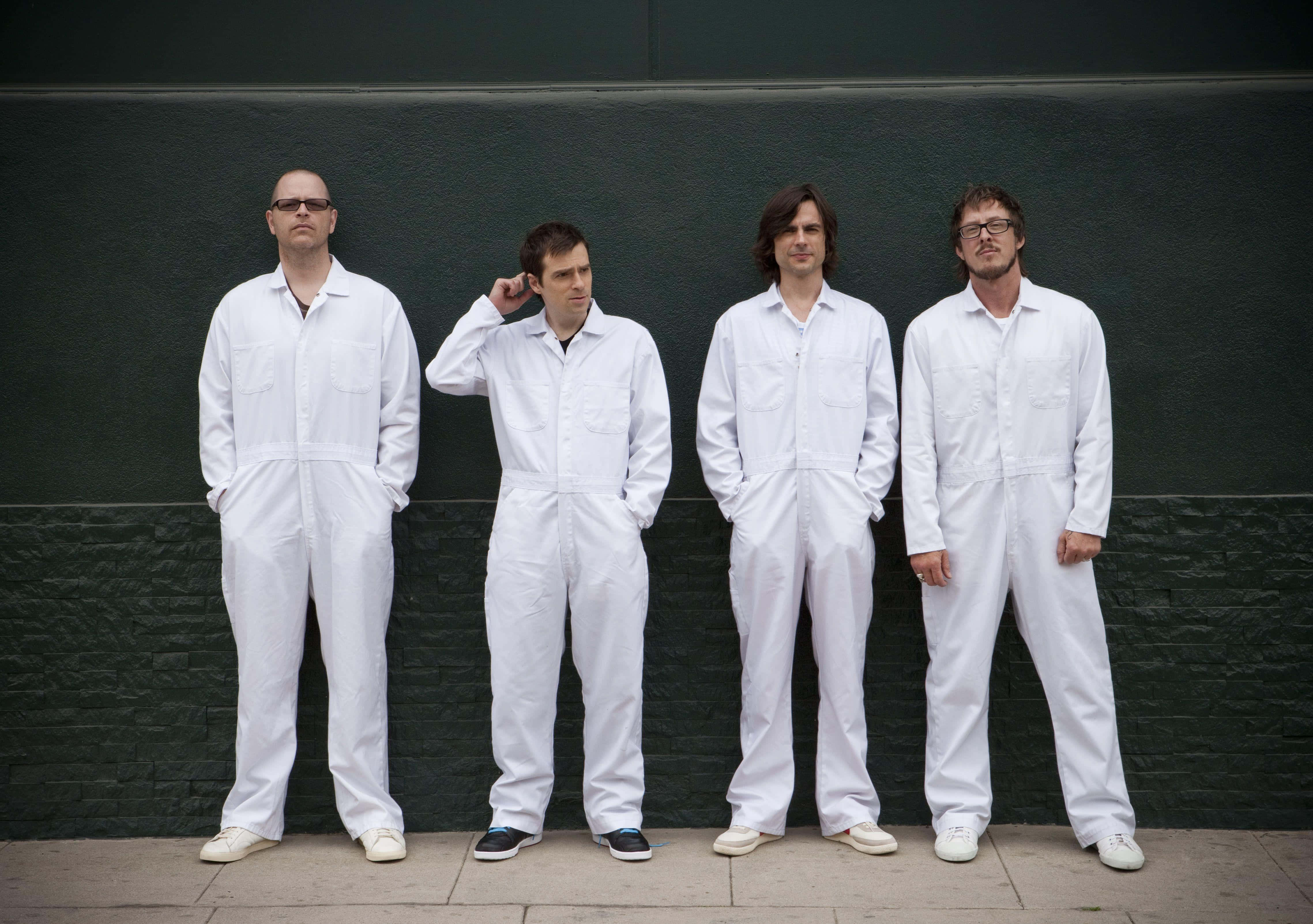 Weezer, white coveralls, dark green textured wall, 4K Desktop Wallpaper