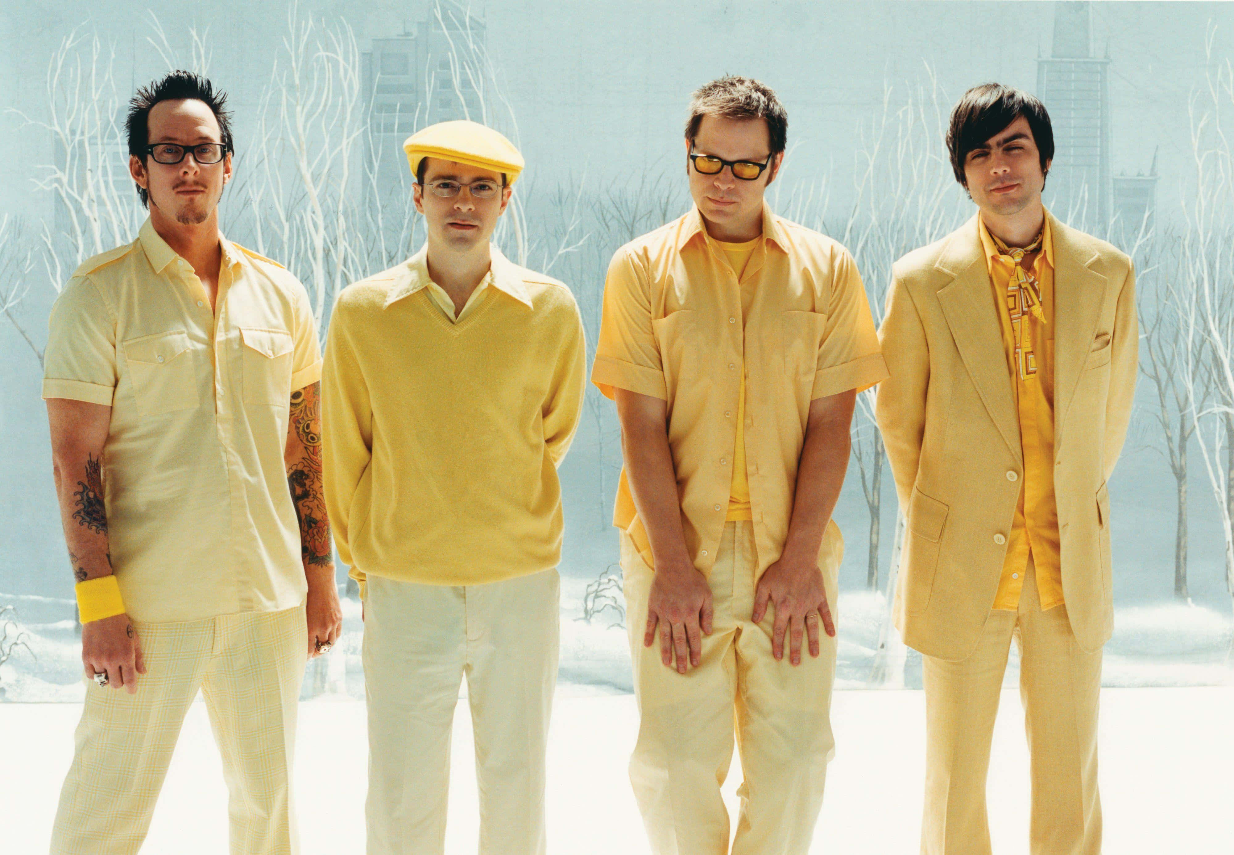 Weezer, yellow outfits, snowy urban landscape, 4K Desktop Wallpaper