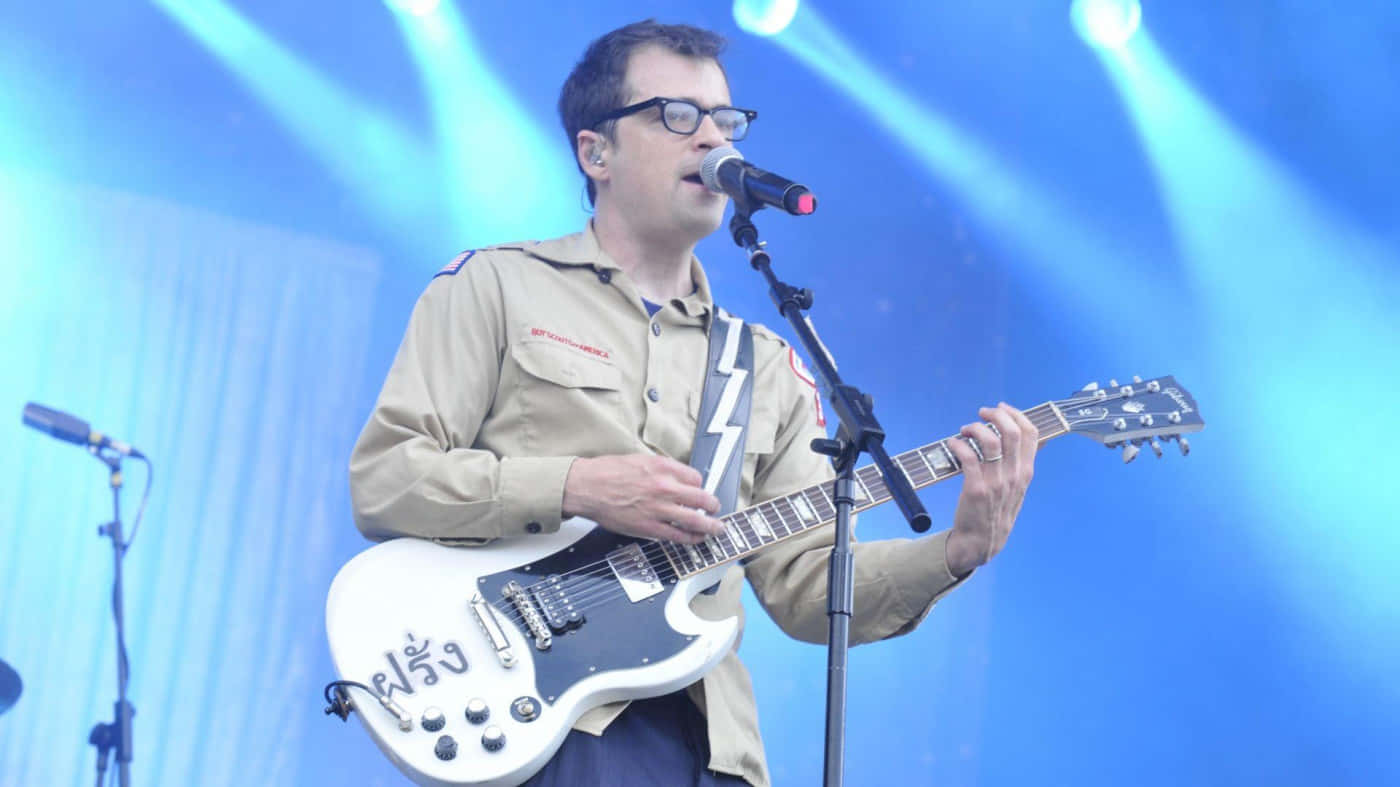 Weezer, lead singer, white electric guitar, HD Desktop Wallpaper