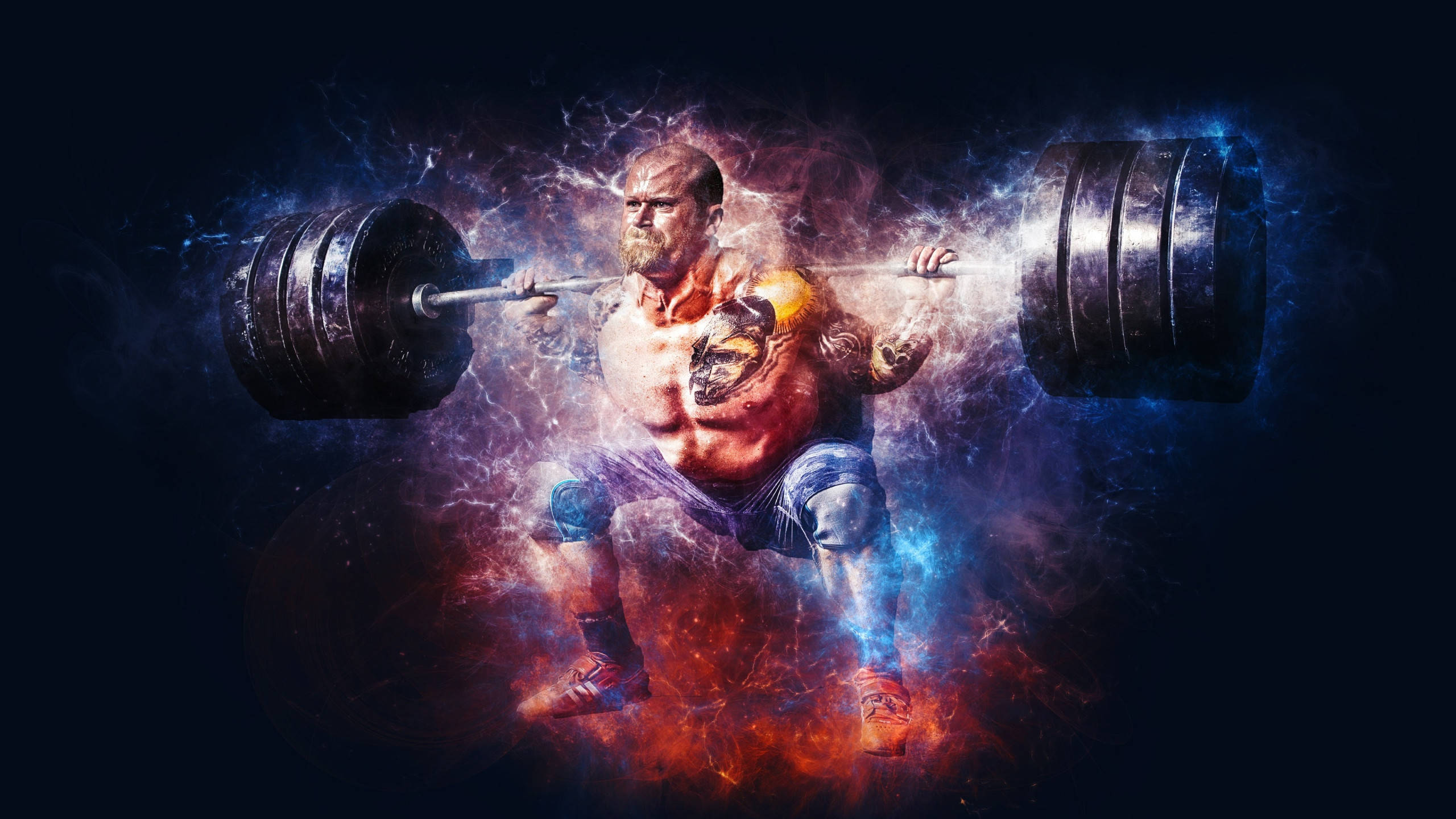 barbell, fiery red, electric blue, 2K Desktop Wallpaper