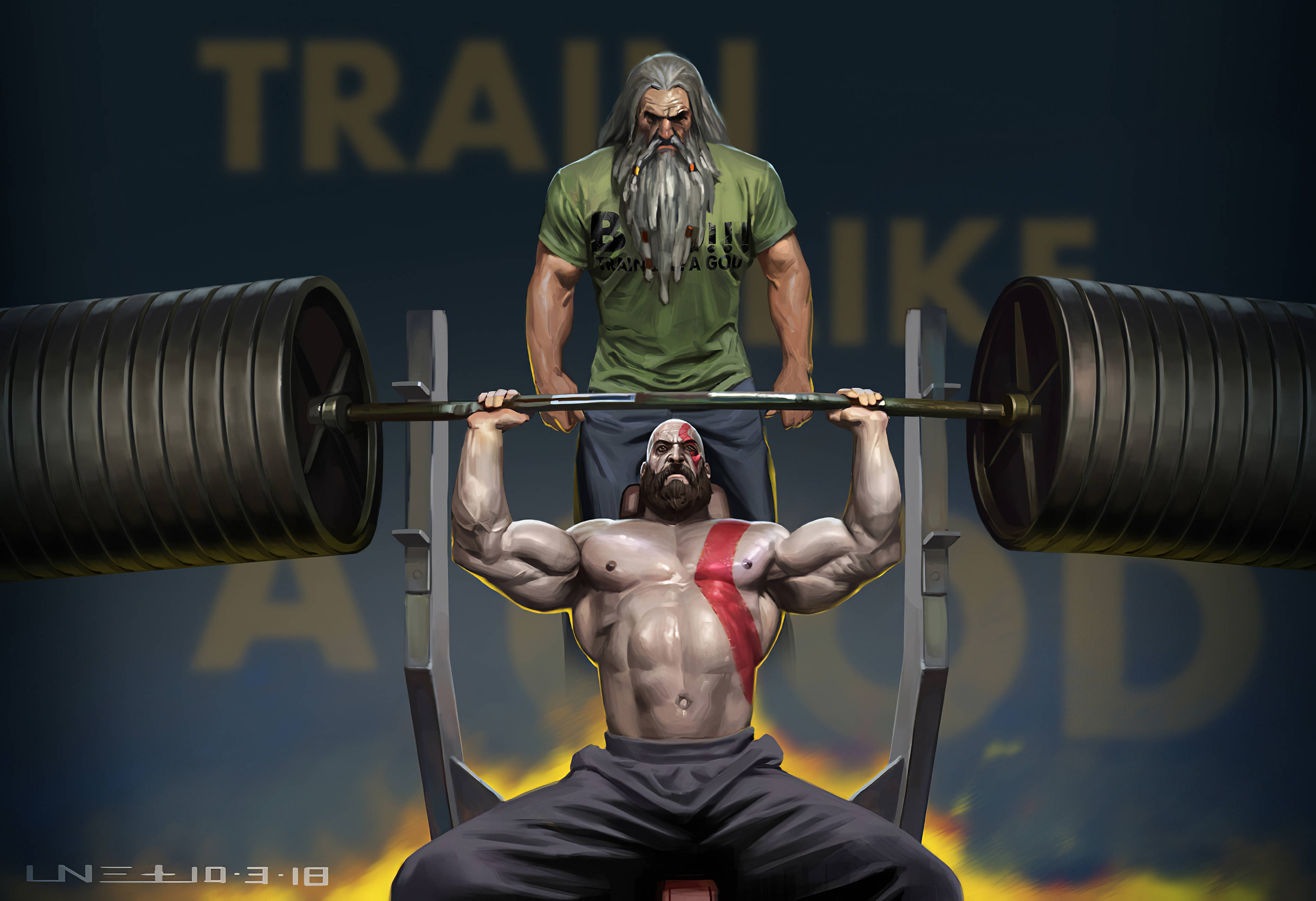 Train Like A God, barbell, bearded trainer, 4K Desktop Wallpaper