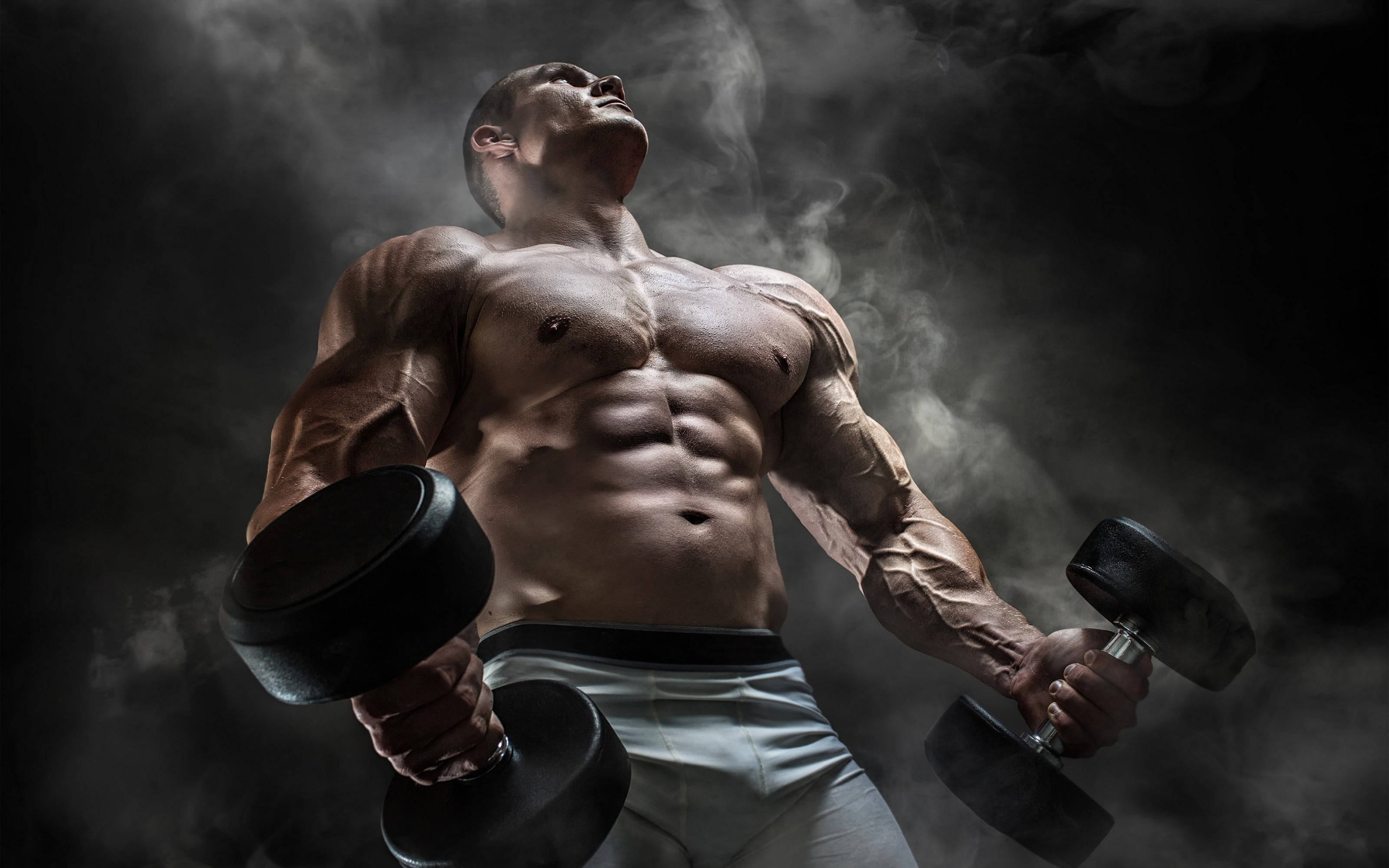 muscle man, dumbbells, smoky dark gym, 2K Desktop Wallpaper