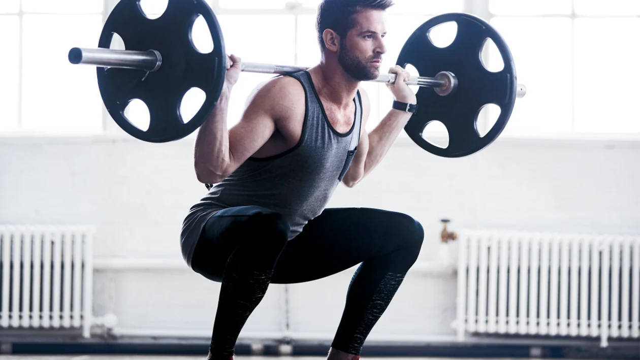 barbell squat, muscular man, bright gym, SD Desktop Wallpaper