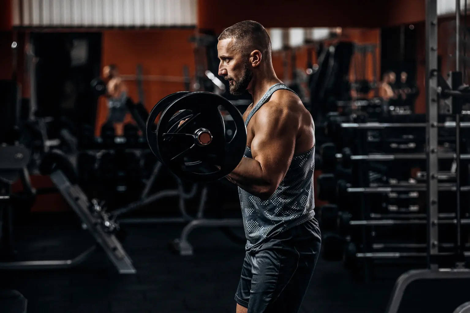 barbell, dimly lit gym, red walls, HD Desktop Wallpaper